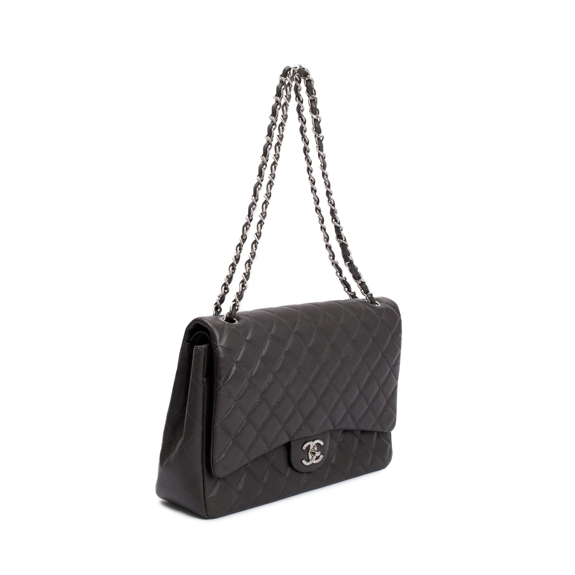 Chanel Grey Quilted Caviar Leather Classic Maxi Double Flap Bag w/ Authenticity Card