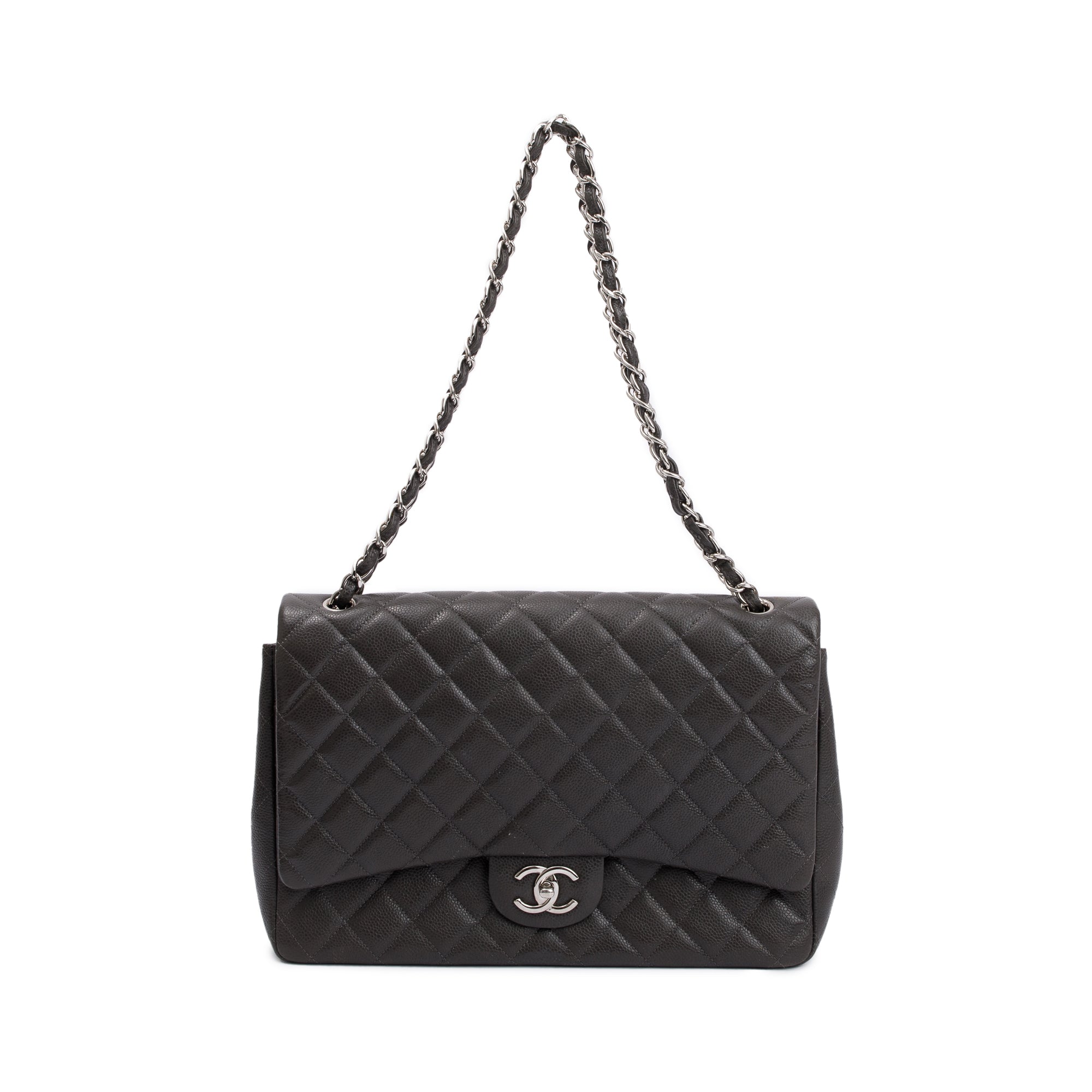 Chanel Grey Quilted Caviar Leather Classic Maxi Double Flap Bag w/ Authenticity Card