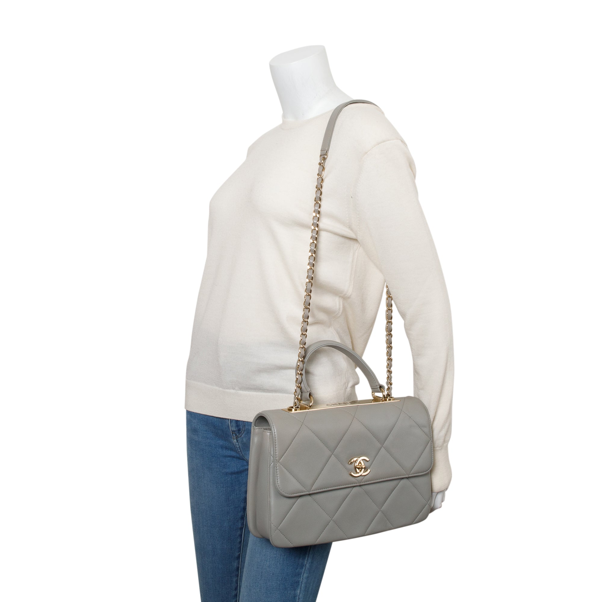 Chanel Grey Quilted Lambskin Trendy CC Medium Top Handle Flap Bag w/ Authenticity Card