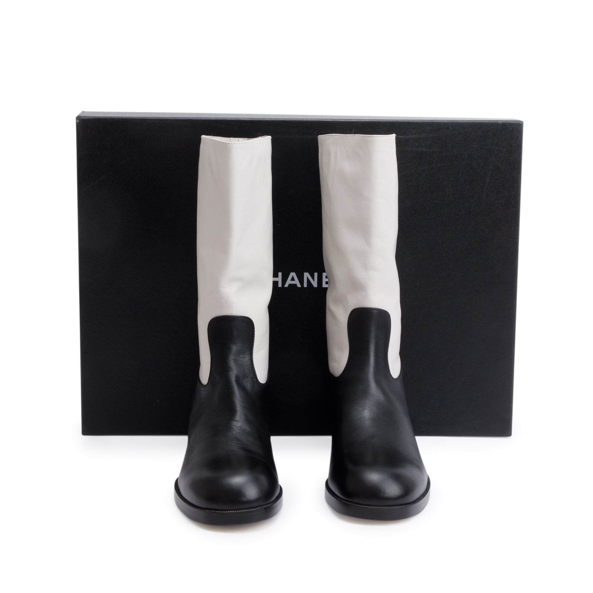Chanel Grey/Black Leather Interlocking CC Logo Mid Calf Boots, Size 40 w/ Box