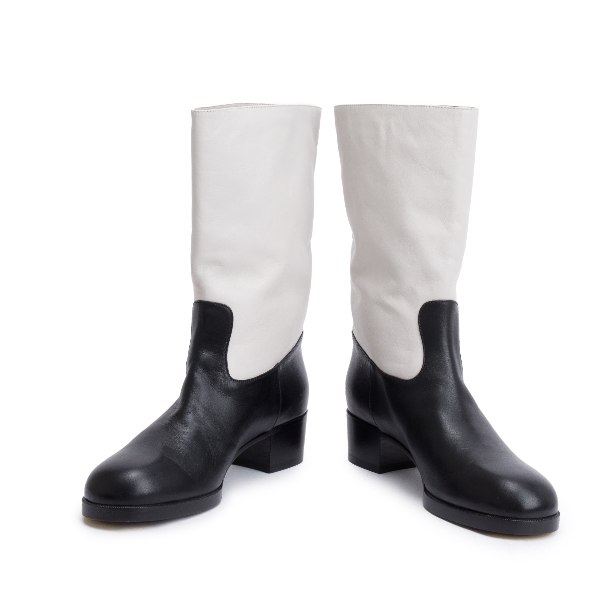 Chanel Grey/Black Leather Interlocking CC Logo Mid Calf Boots, Size 40 w/ Box