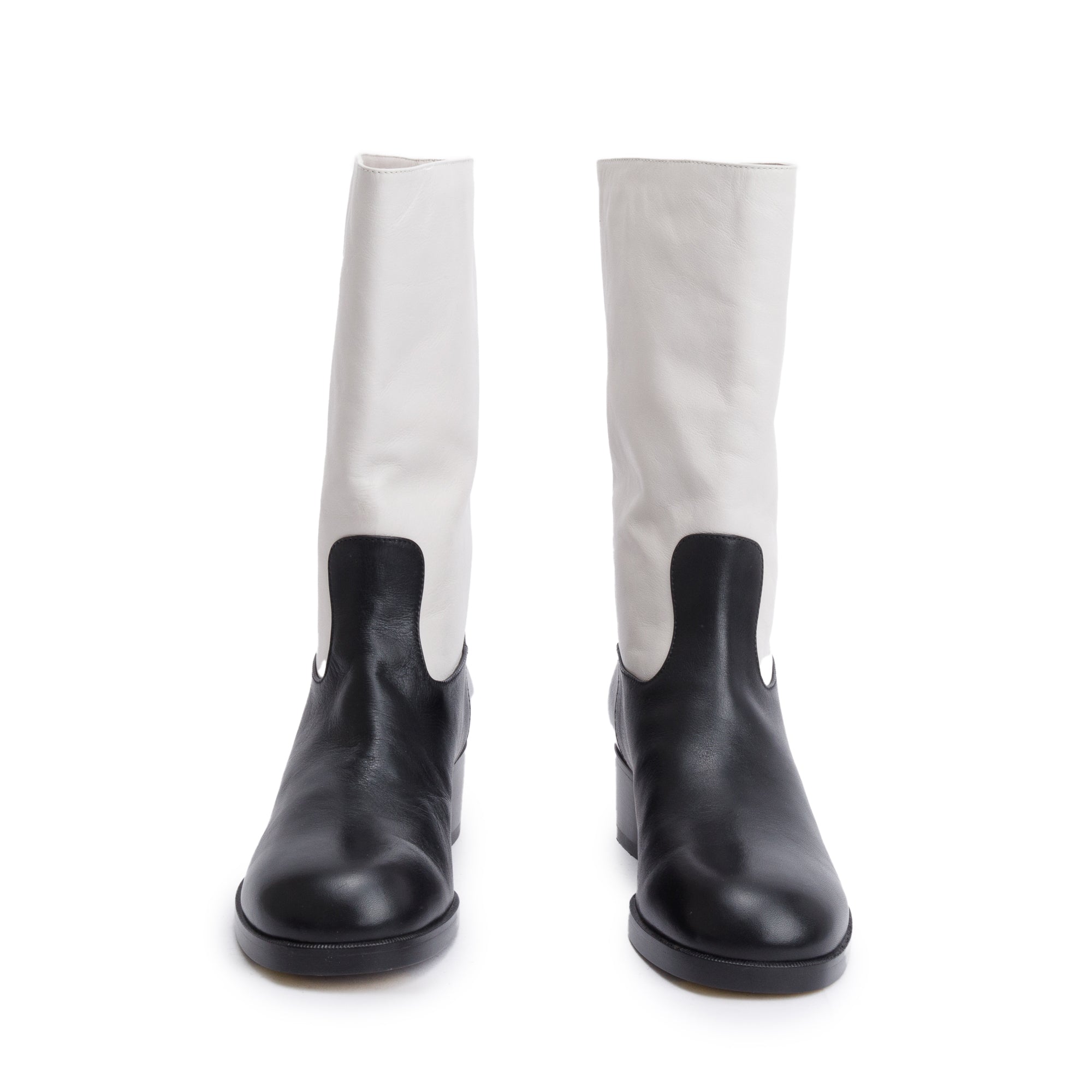 Chanel Grey/Black Leather Interlocking CC Logo Mid Calf Boots, Size 40 w/ Box