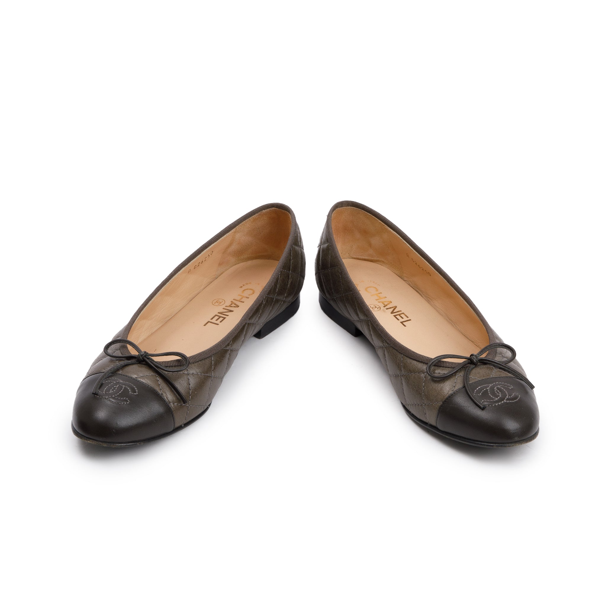 Chanel Grey/Brown Quilted Lambskin Interlocking CC Logo Flats, Size 40.5 w/ Box