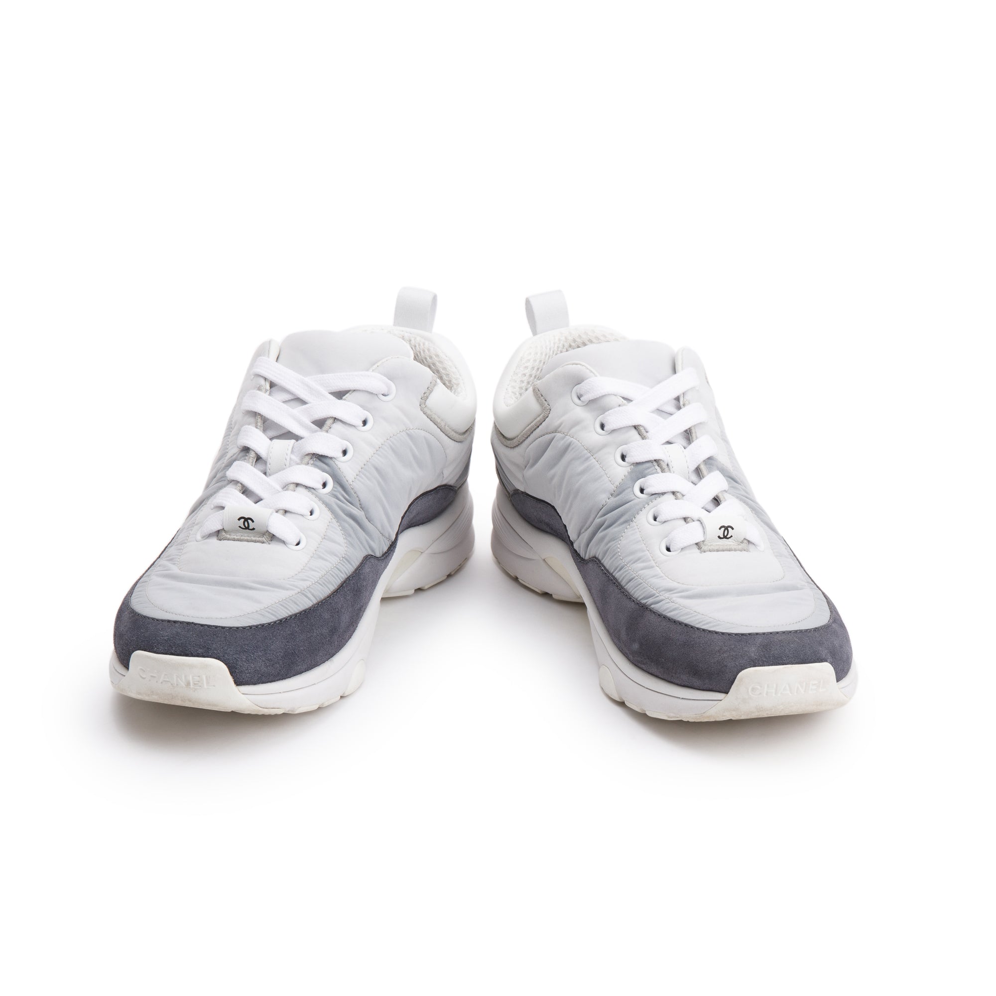 Chanel Grey/White Calfskin Nylon Suede CC Logo Sneakers, Size 37 w/ Box