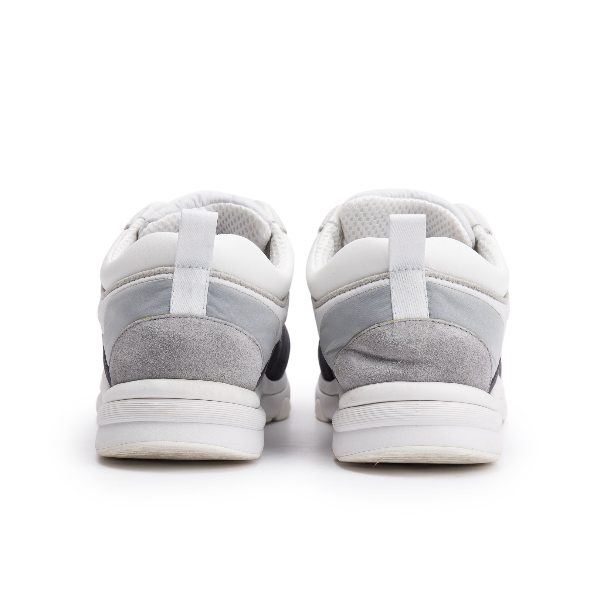 Chanel Grey/White Calfskin Nylon Suede CC Logo Sneakers, Size 37 w/ Box