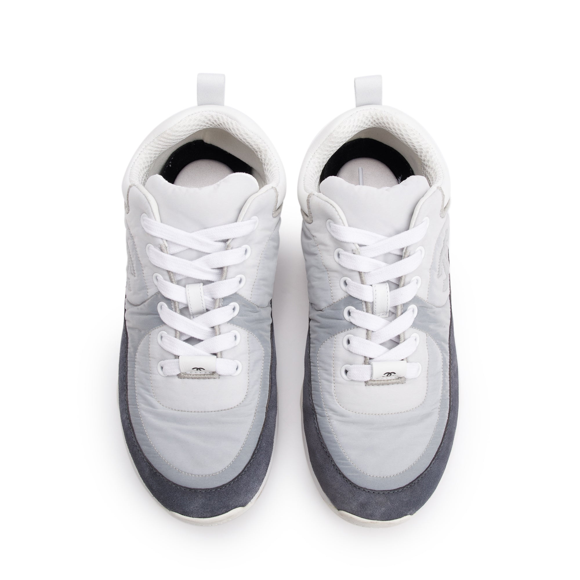 Chanel Grey/White Calfskin Nylon Suede CC Logo Sneakers, Size 37 w/ Box