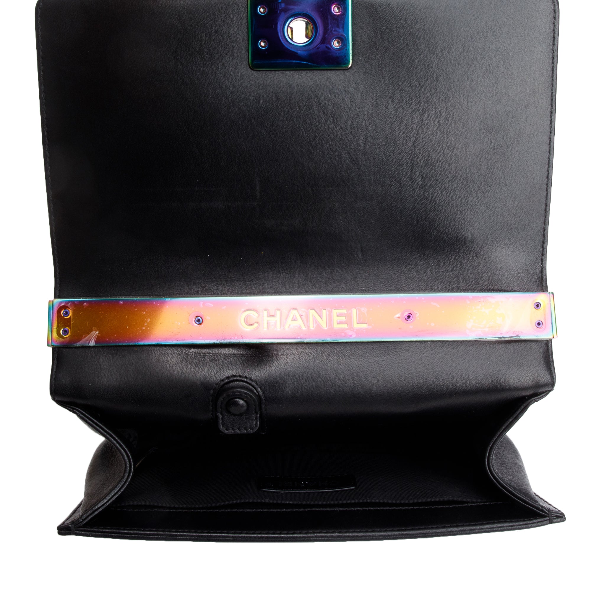 Chanel Iridescent Metal Black Lambskin Leather LED Medium Boy Bag
