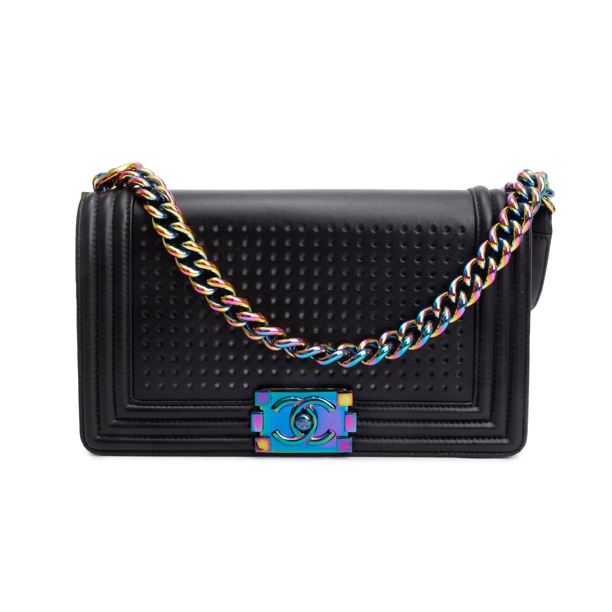 Chanel Iridescent Metal Black Lambskin Leather LED Medium Boy Bag