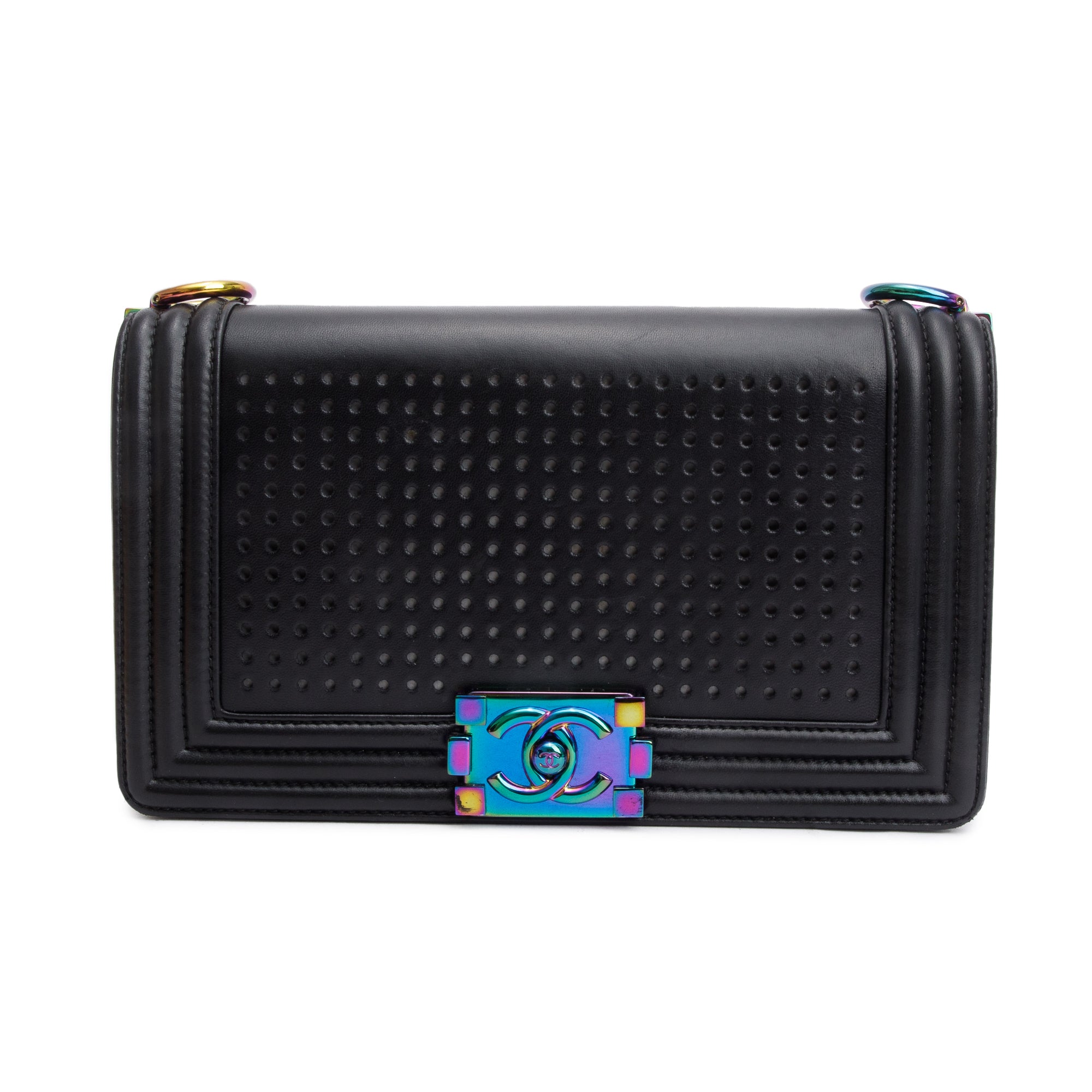 Chanel Iridescent Metal Black Lambskin Leather LED Medium Boy Bag