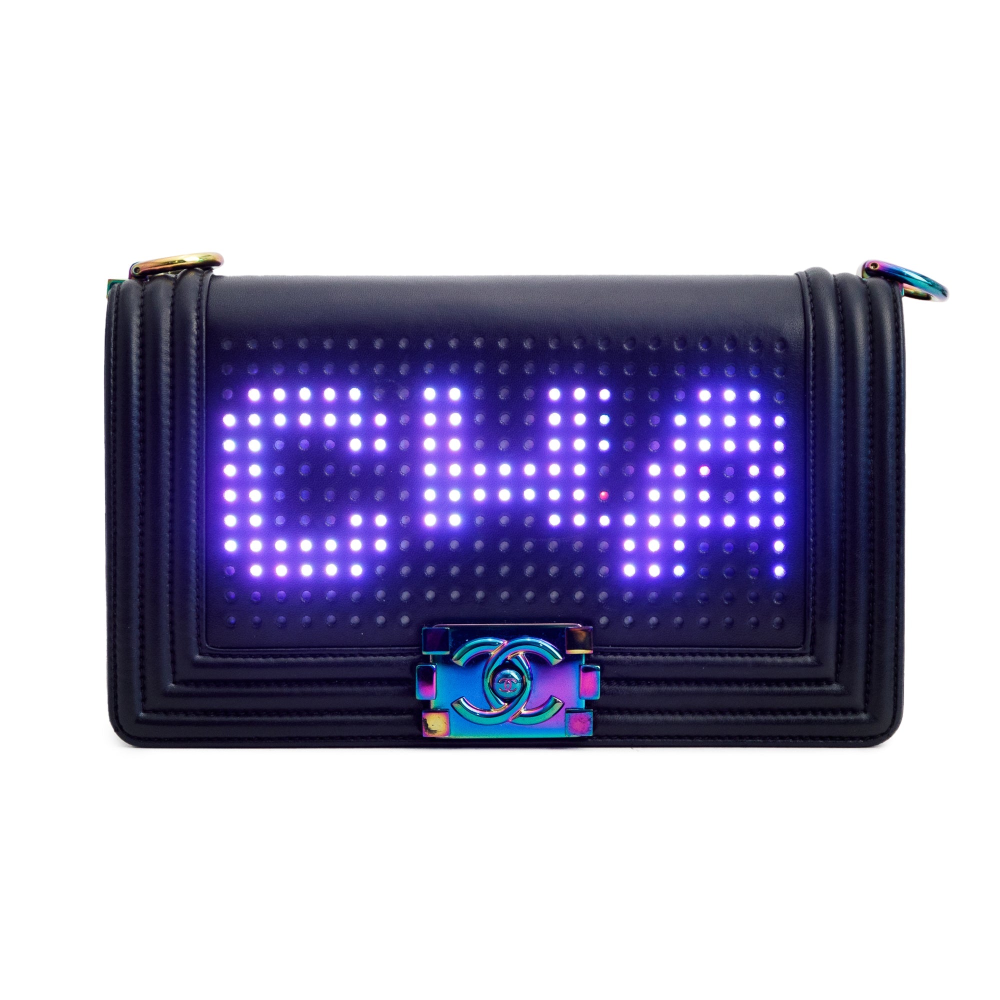 Chanel Iridescent Metal Black Lambskin Leather LED Medium Boy Bag