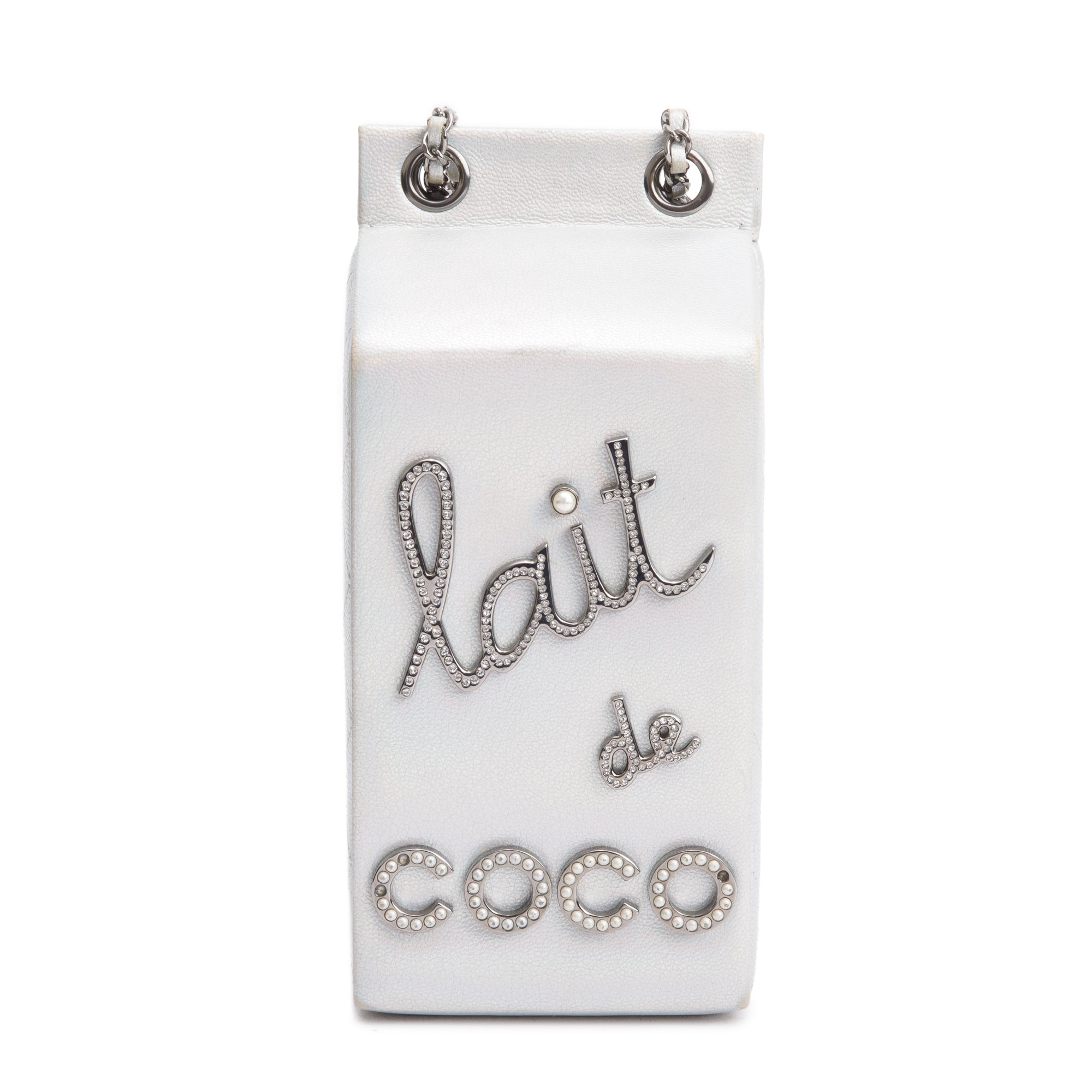 Chanel Iridescent Silver Goatskin Leather Faux Pearl & Strass Lait de Coco Milk Carton Bag