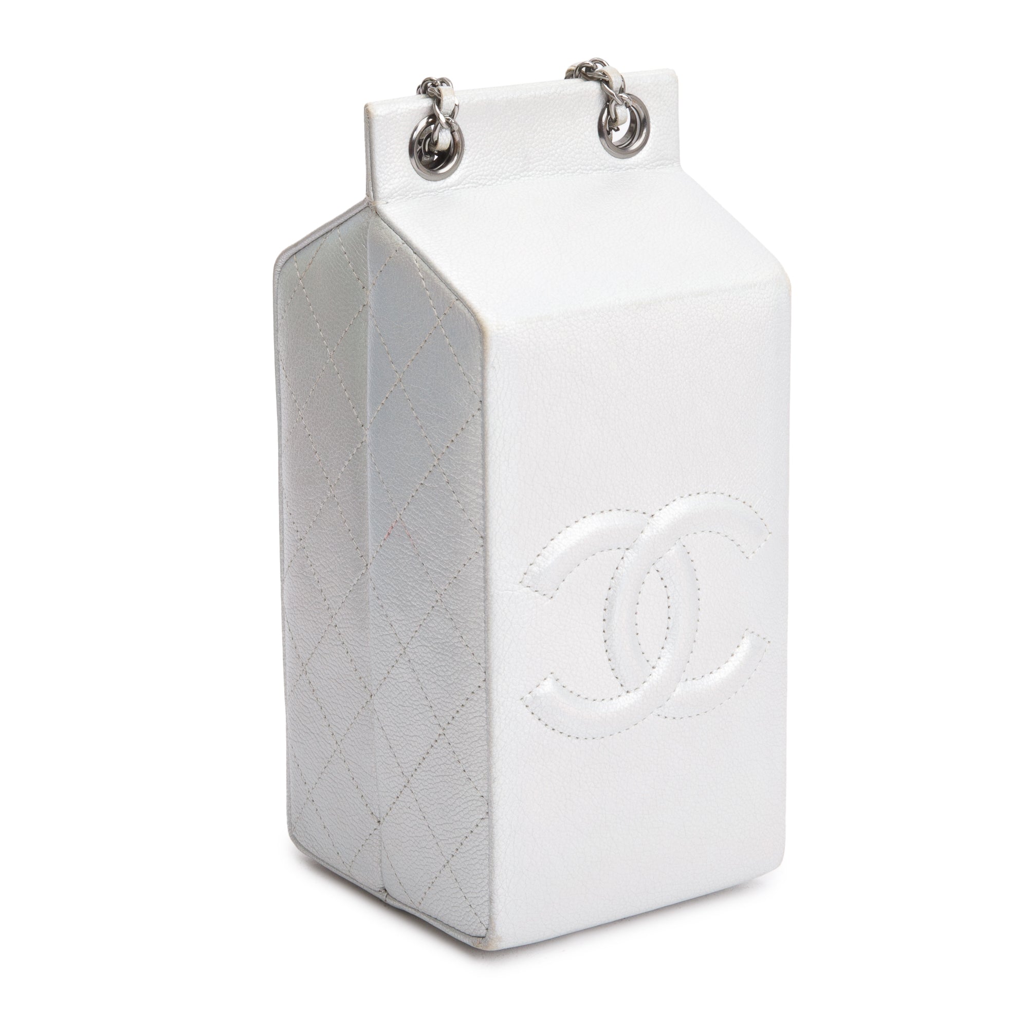 Chanel Iridescent Silver Goatskin Leather Faux Pearl & Strass Lait de Coco Milk Carton Bag