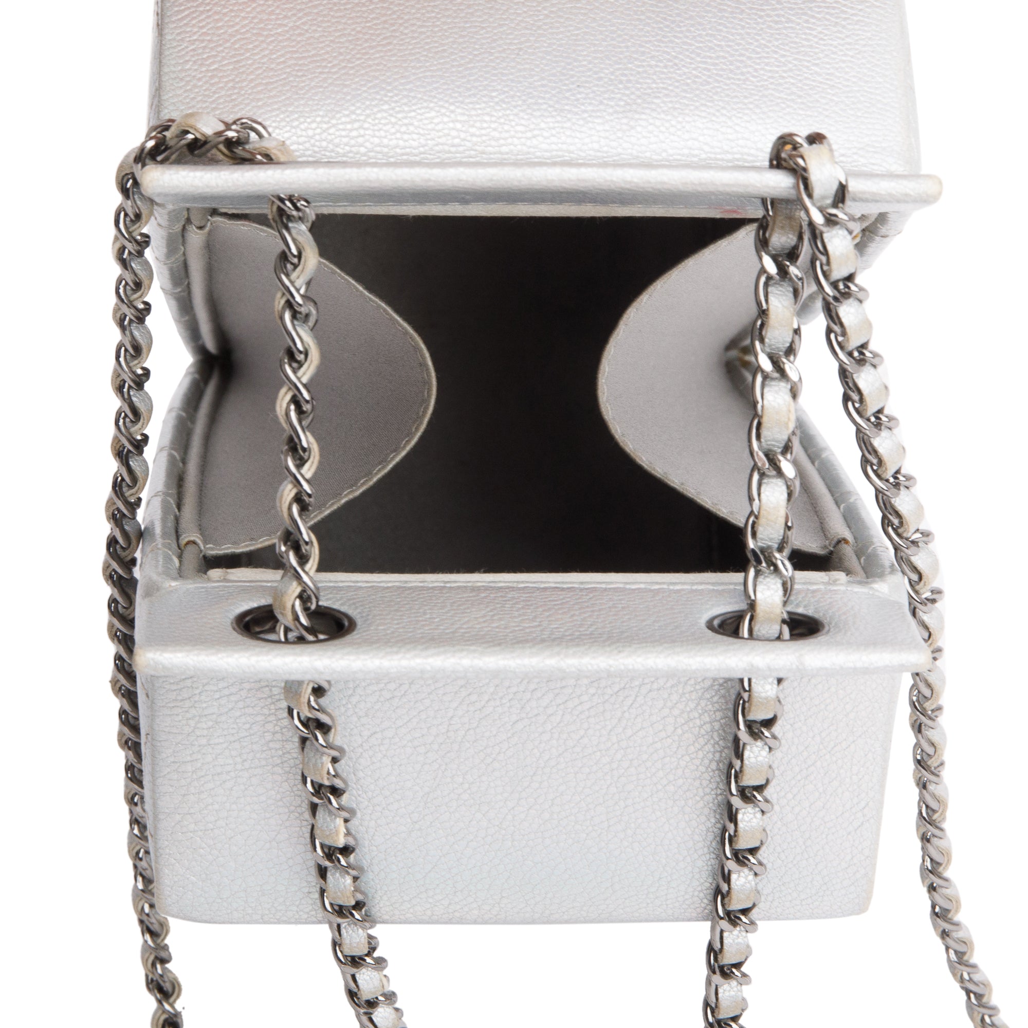 Chanel Iridescent Silver Goatskin Leather Faux Pearl & Strass Lait de Coco Milk Carton Bag