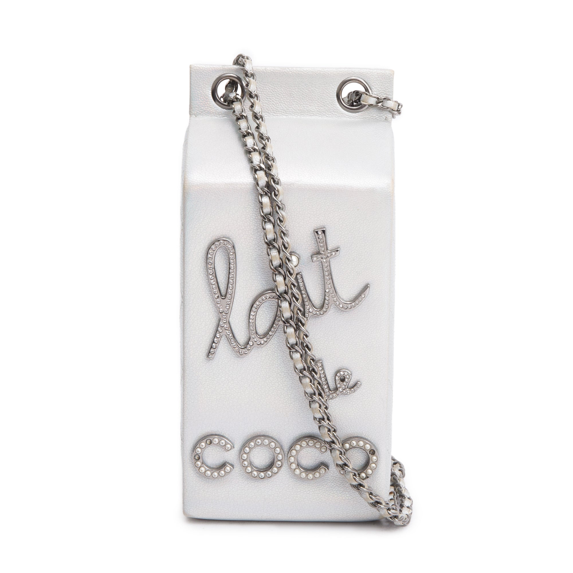 Chanel Iridescent Silver Goatskin Leather Faux Pearl & Strass Lait de Coco Milk Carton Bag