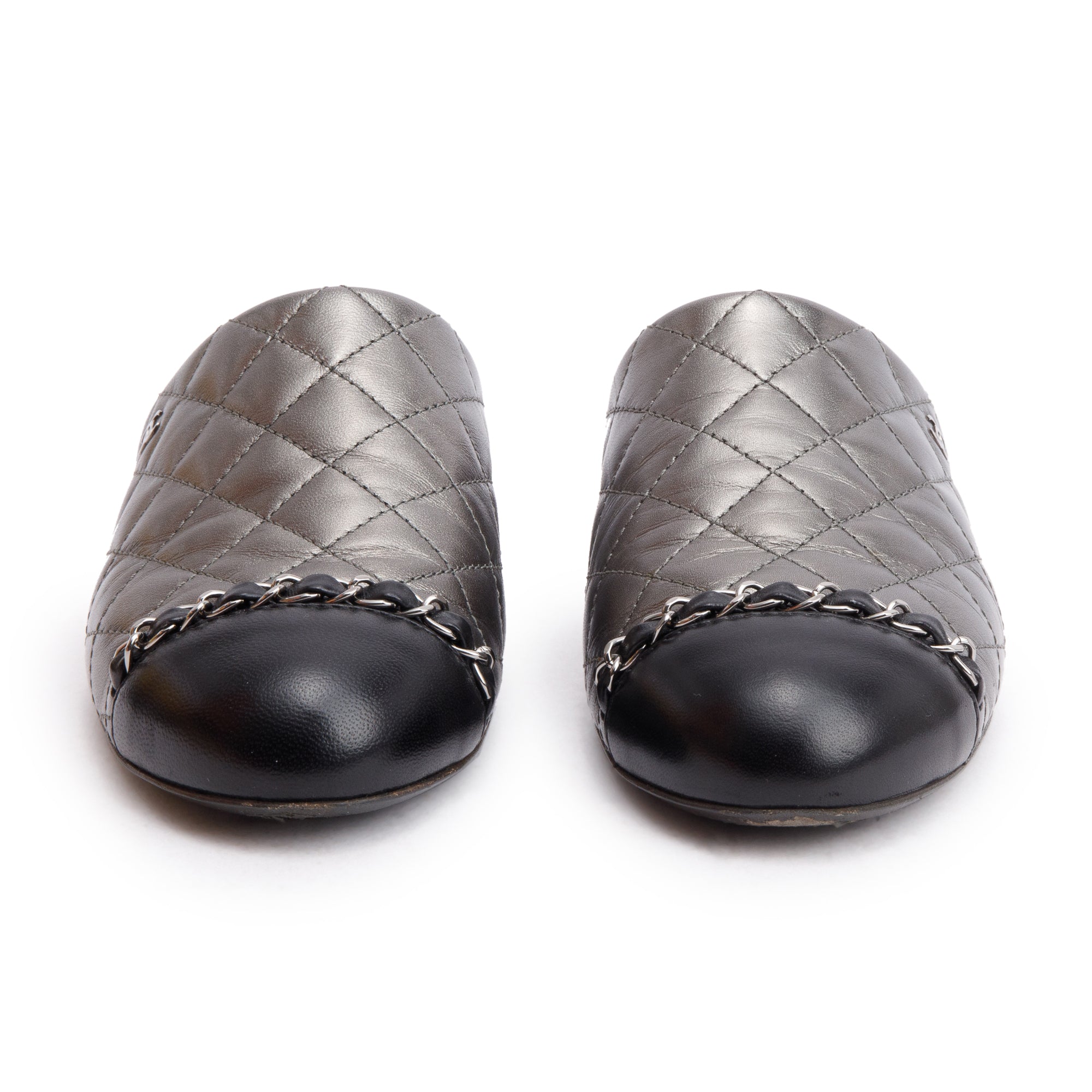 Chanel Iridescent Silver Quilted Calfskin Leather Interlocking CC Logo Mules, Size 36 w/ Box