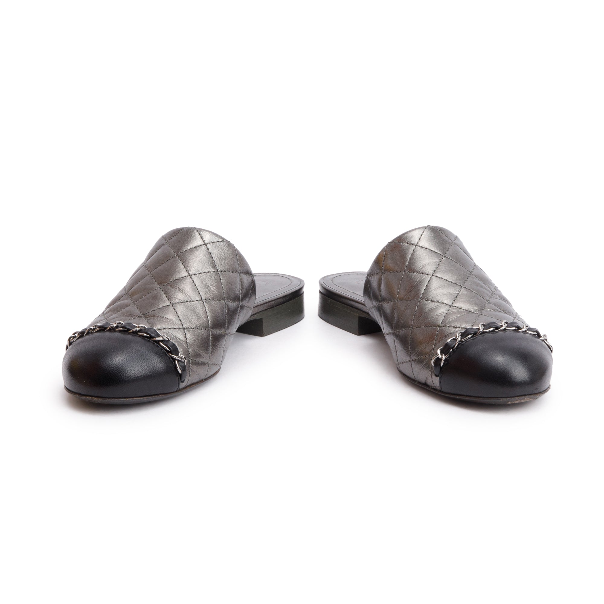 Chanel Iridescent Silver Quilted Calfskin Leather Interlocking CC Logo Mules, Size 36 w/ Box