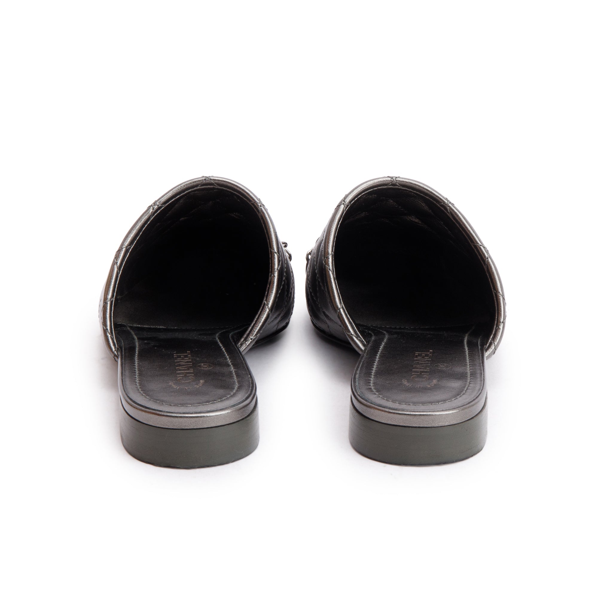 Chanel Iridescent Silver Quilted Calfskin Leather Interlocking CC Logo Mules, Size 36 w/ Box