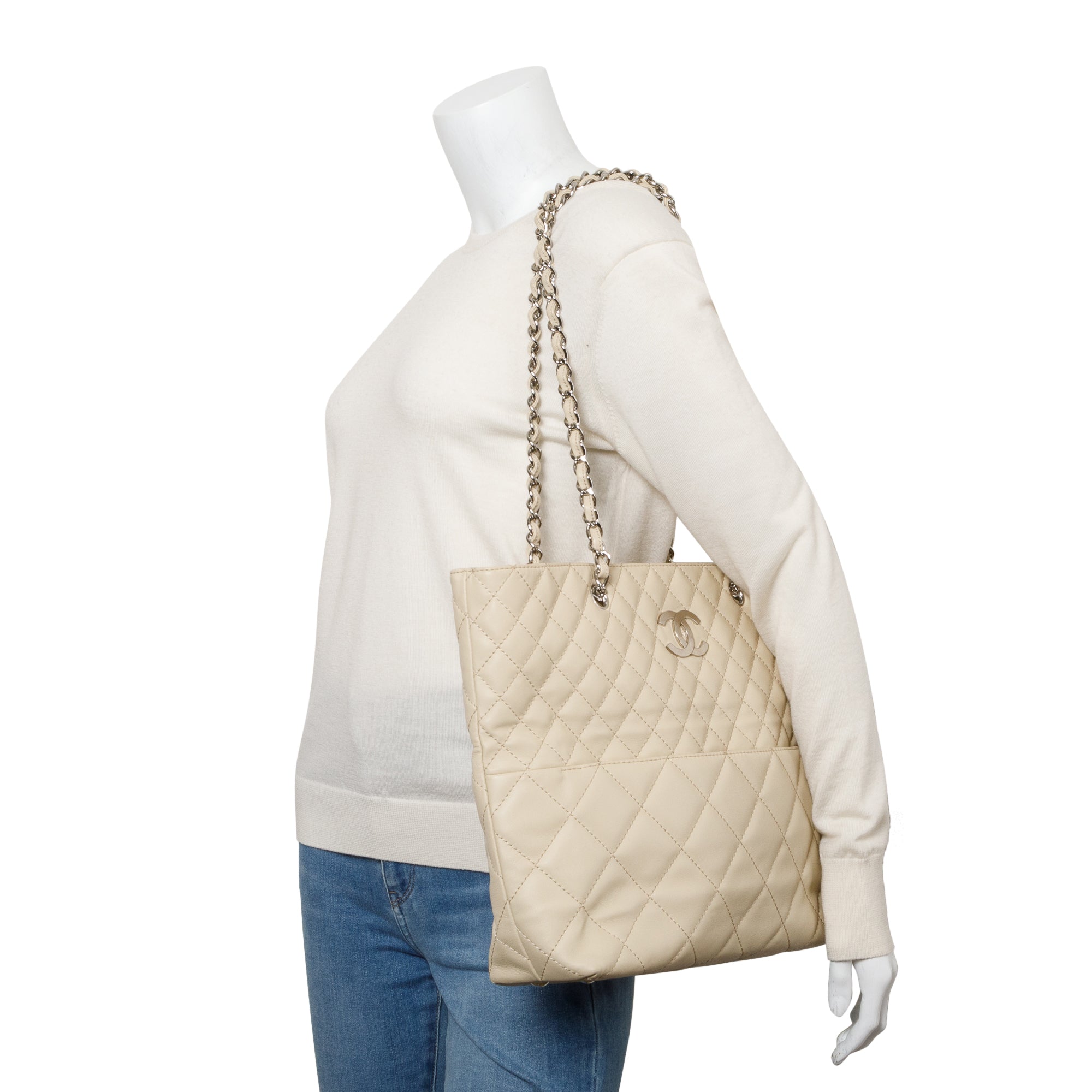 Chanel Ivory Quilted Calfskin Leather In the Business North South Tote w/ Authenticity Card