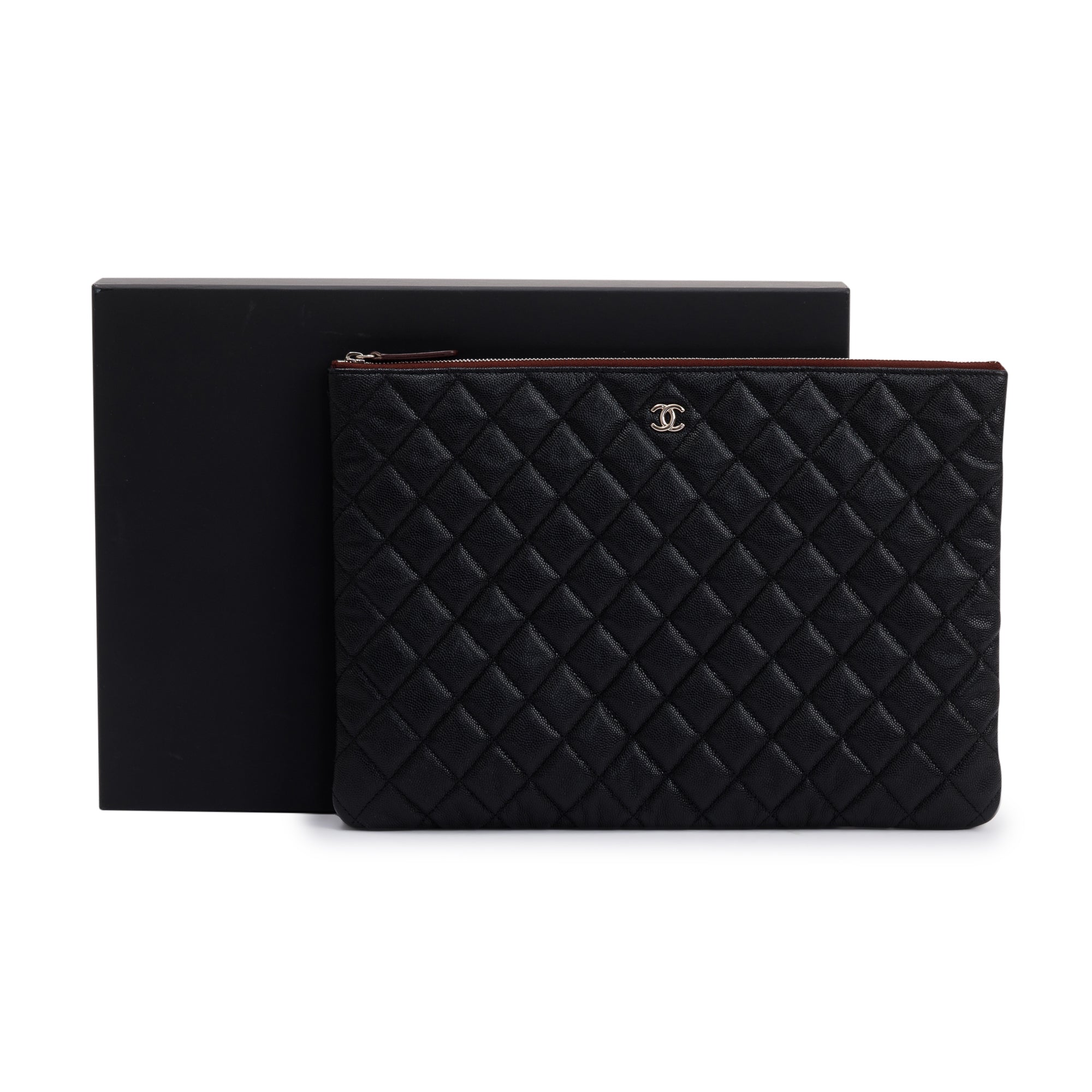 Chanel Large Quilted Caviar Leather O-Case Clutch w/ Box