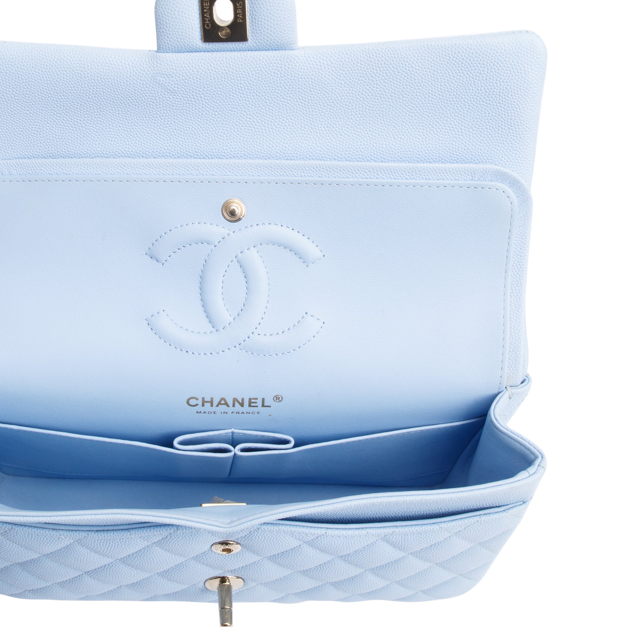 Chanel Light Blue Quilted Caviar Leather Classic Medium Double Flap Bag w/ Box