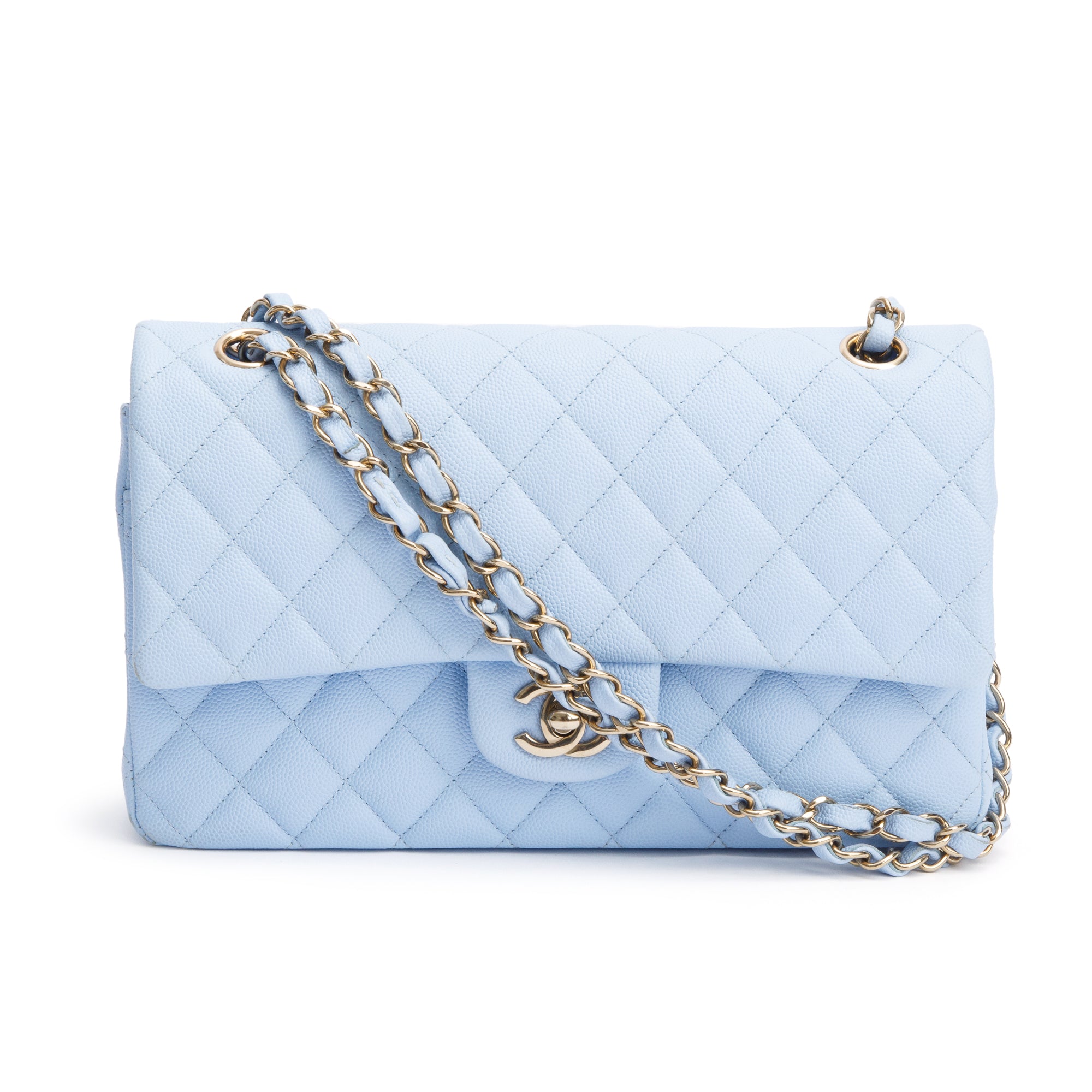 Chanel Light Blue Quilted Caviar Leather Classic Medium Double Flap Bag w/ Box