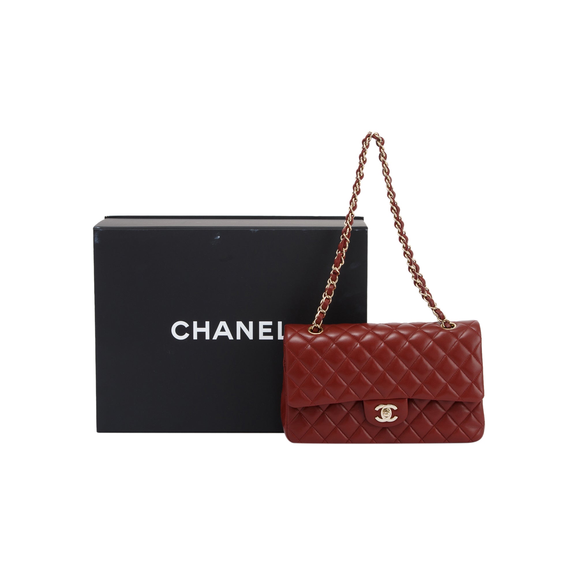 Chanel Maroon Lambskin Leather Classic Medium Double Flap Bag w/ Box & Authenticity Card