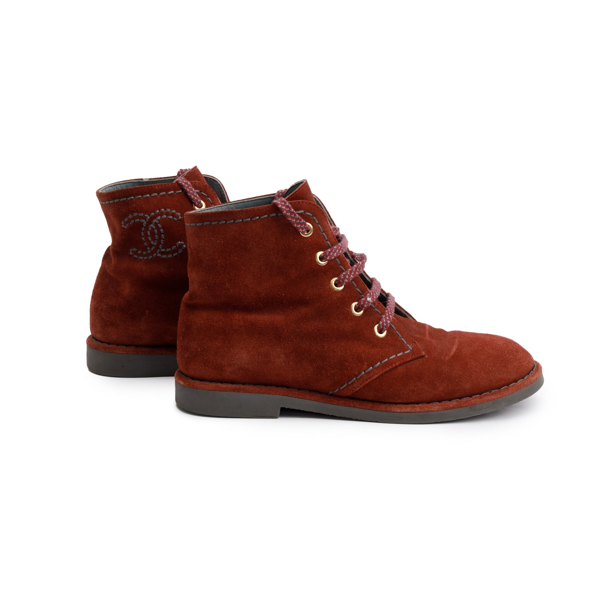 Chanel Maroon Suede Interlocking CC Logo Lace-Up Boots, Size 36.5