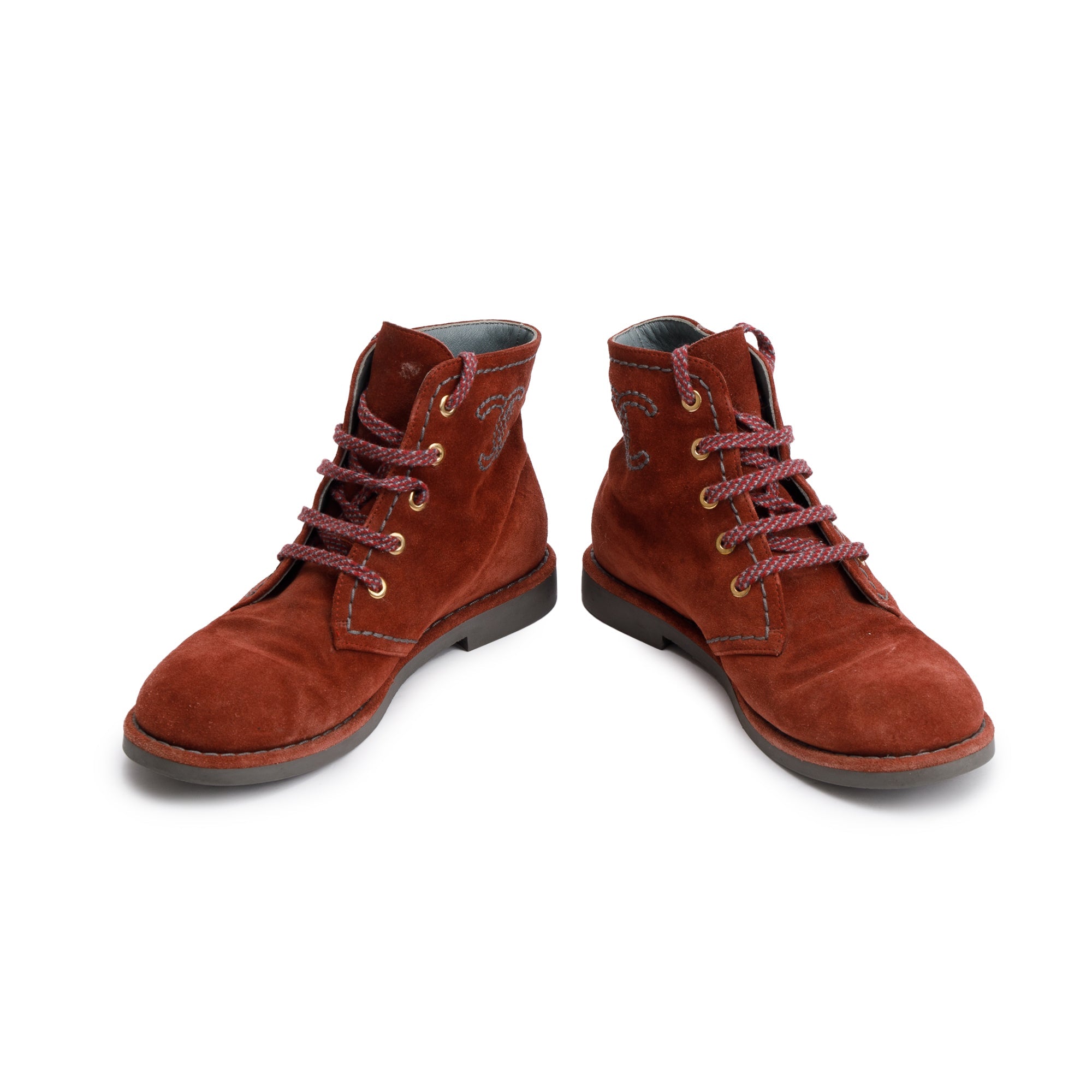 Chanel Maroon Suede Interlocking CC Logo Lace-Up Boots, Size 36.5