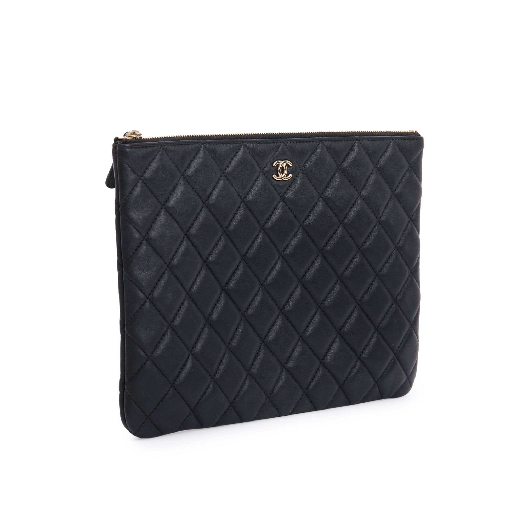 Chanel Medium Quilted Black Lambskin Leather O-Case Clutch