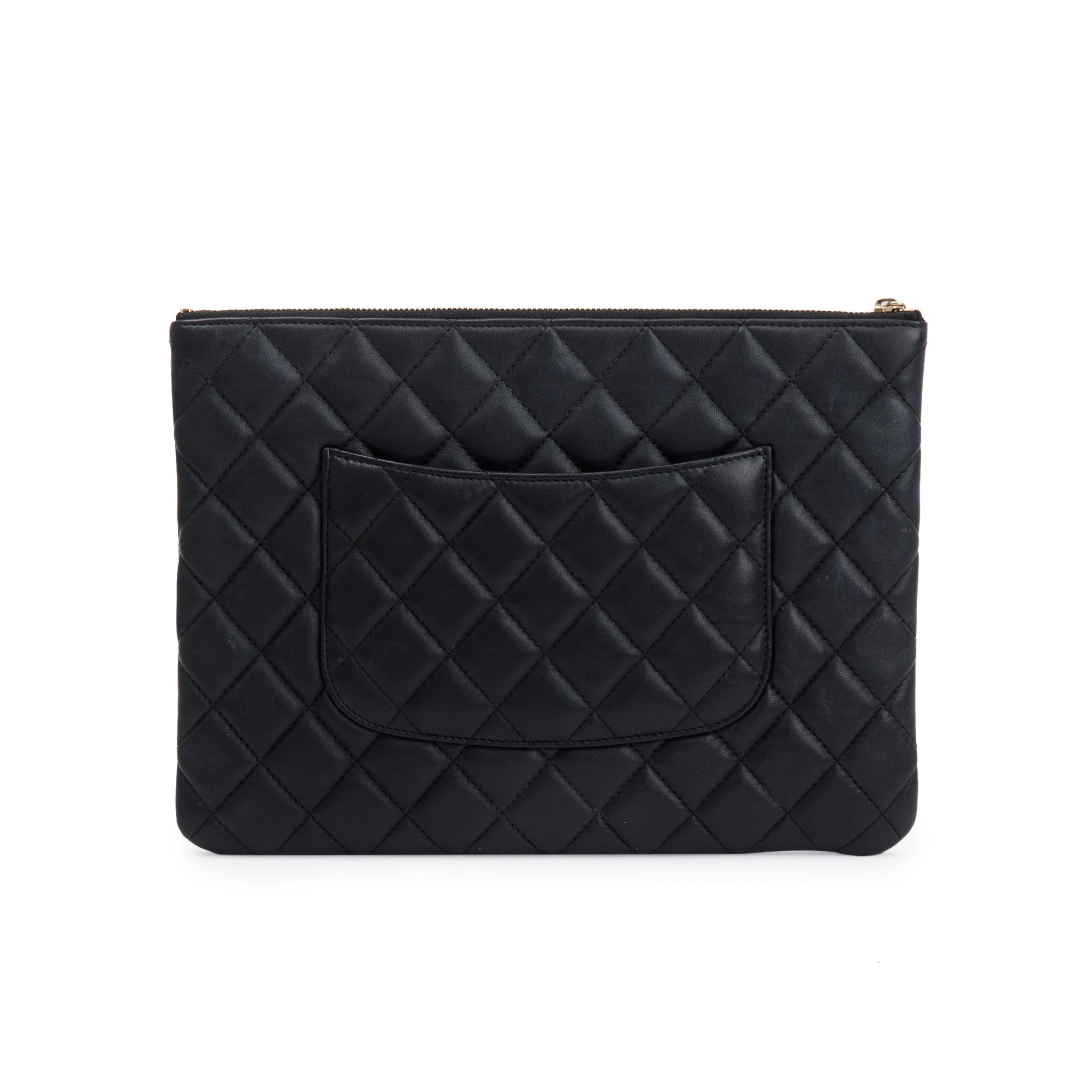 Chanel Medium Quilted Black Lambskin Leather O-Case Clutch