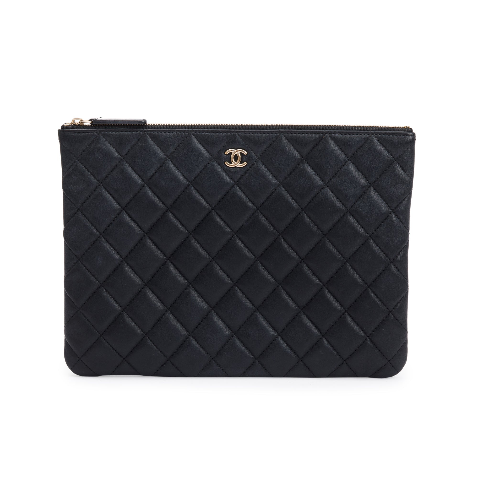 Chanel Medium Quilted Black Lambskin Leather O-Case Clutch