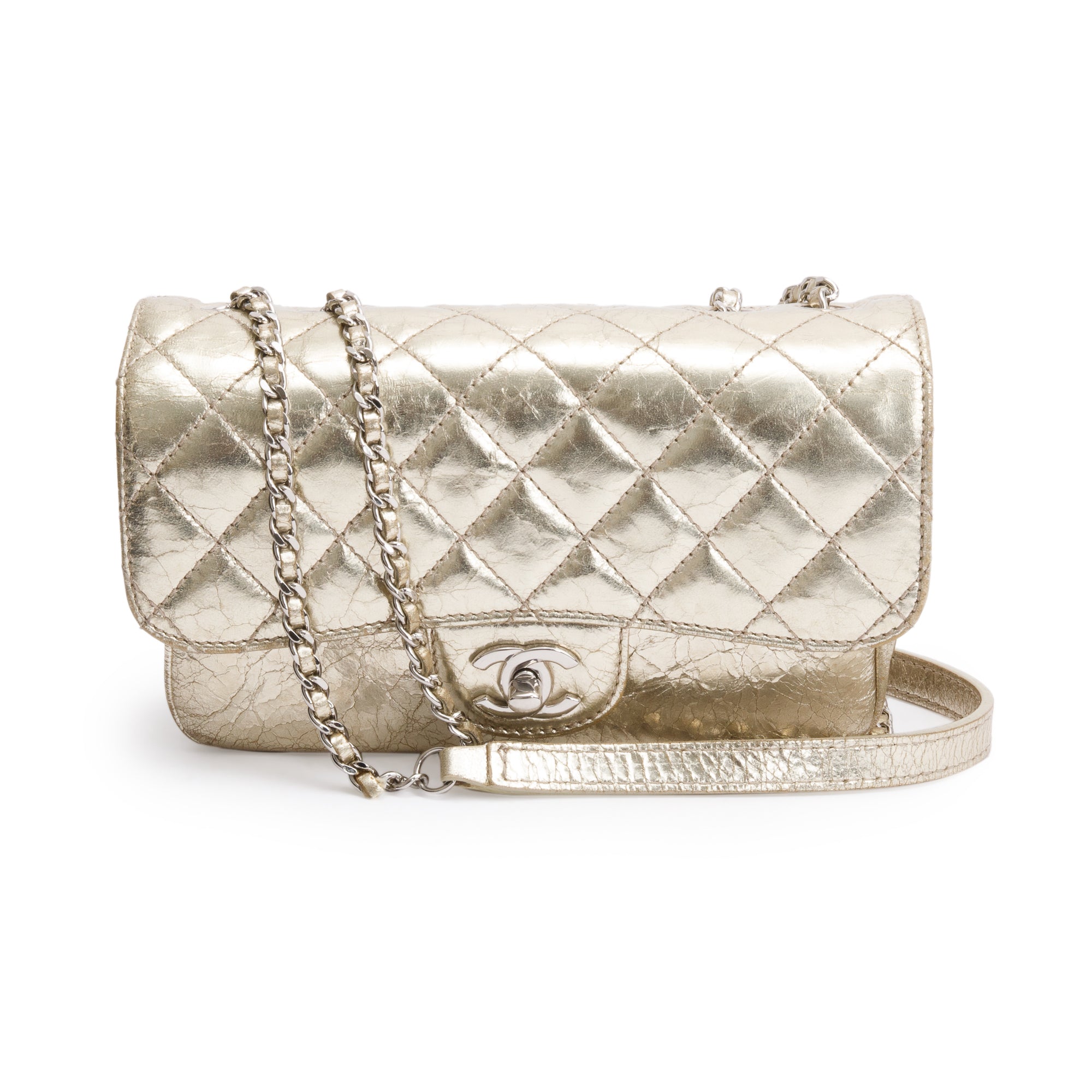 Chanel Metallic Gold Calfskin Leather Small Clams Pocket Flap Bag
