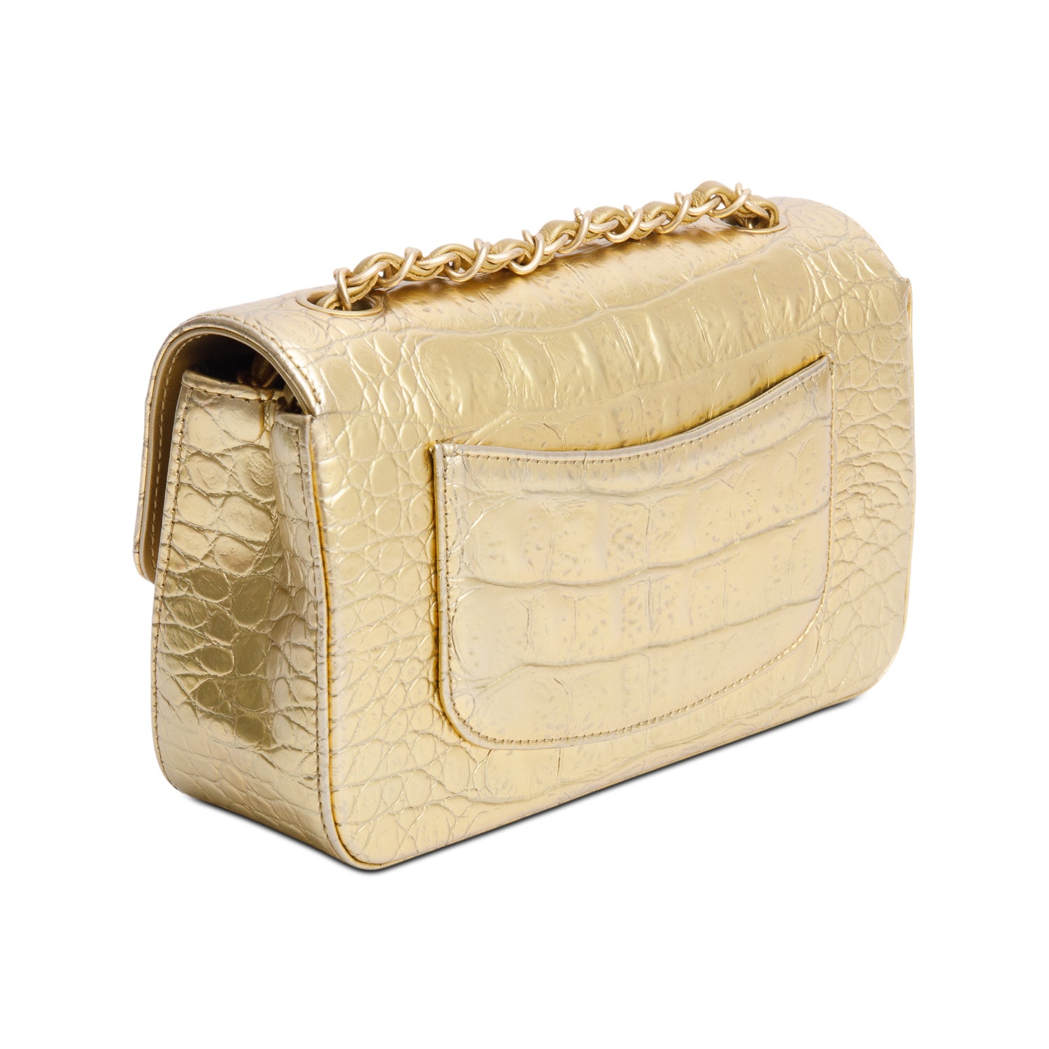 Chanel Metallic Gold Crocodile Embossed Calfskin Leather Classic Mini Rectangular Flap Bag w/ Box & Authenticity Card