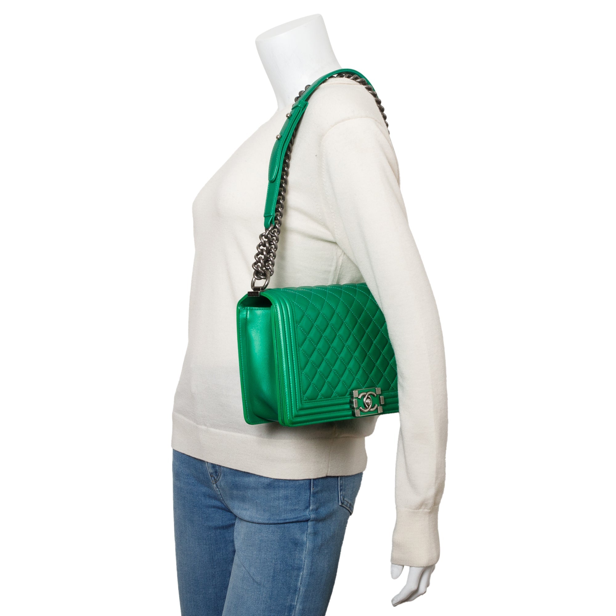 Chanel Metallic Green Quilted Calfskin Leather New Medium Boy Bag