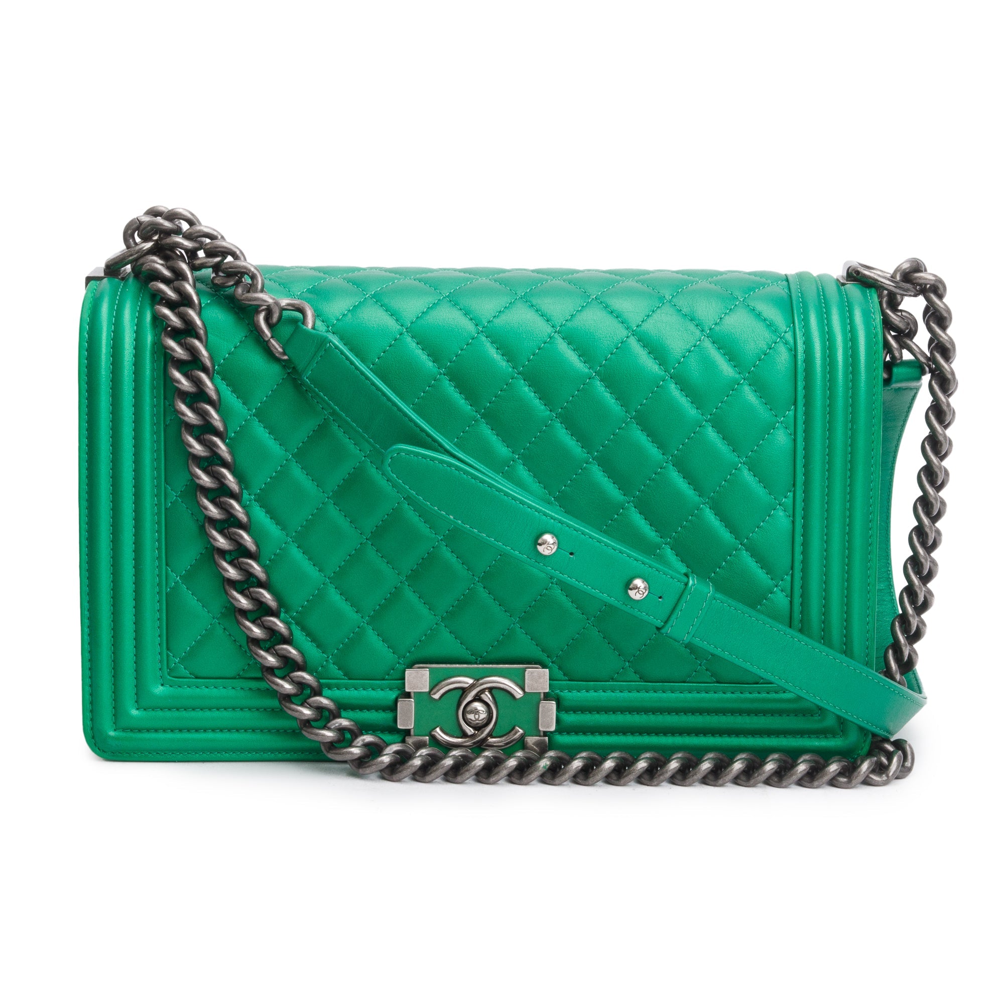 Chanel Metallic Green Quilted Calfskin Leather New Medium Boy Bag