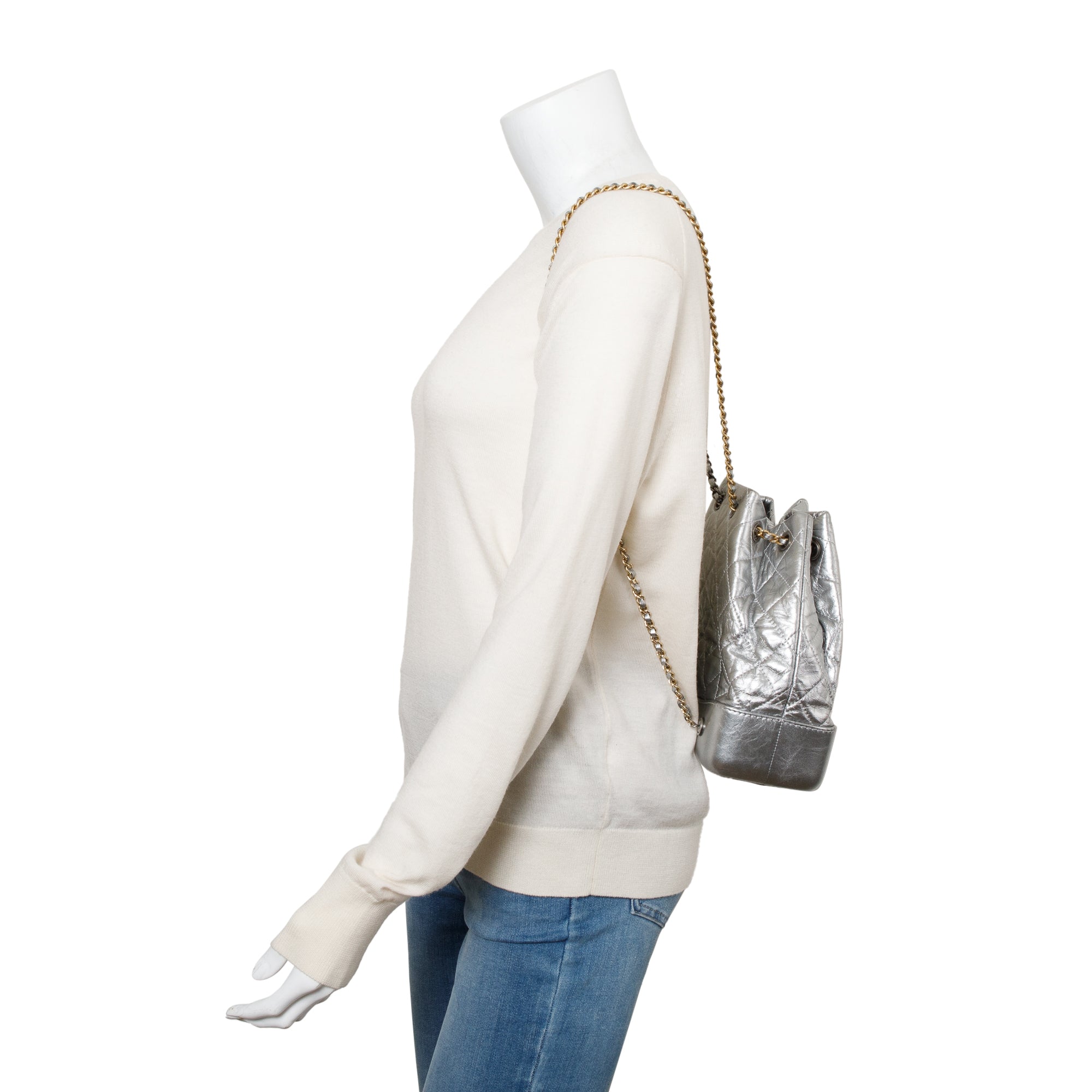 Chanel Metallic Silver Aged Calfskin Leather Small Gabrielle Backpack w/ Authenticity Card