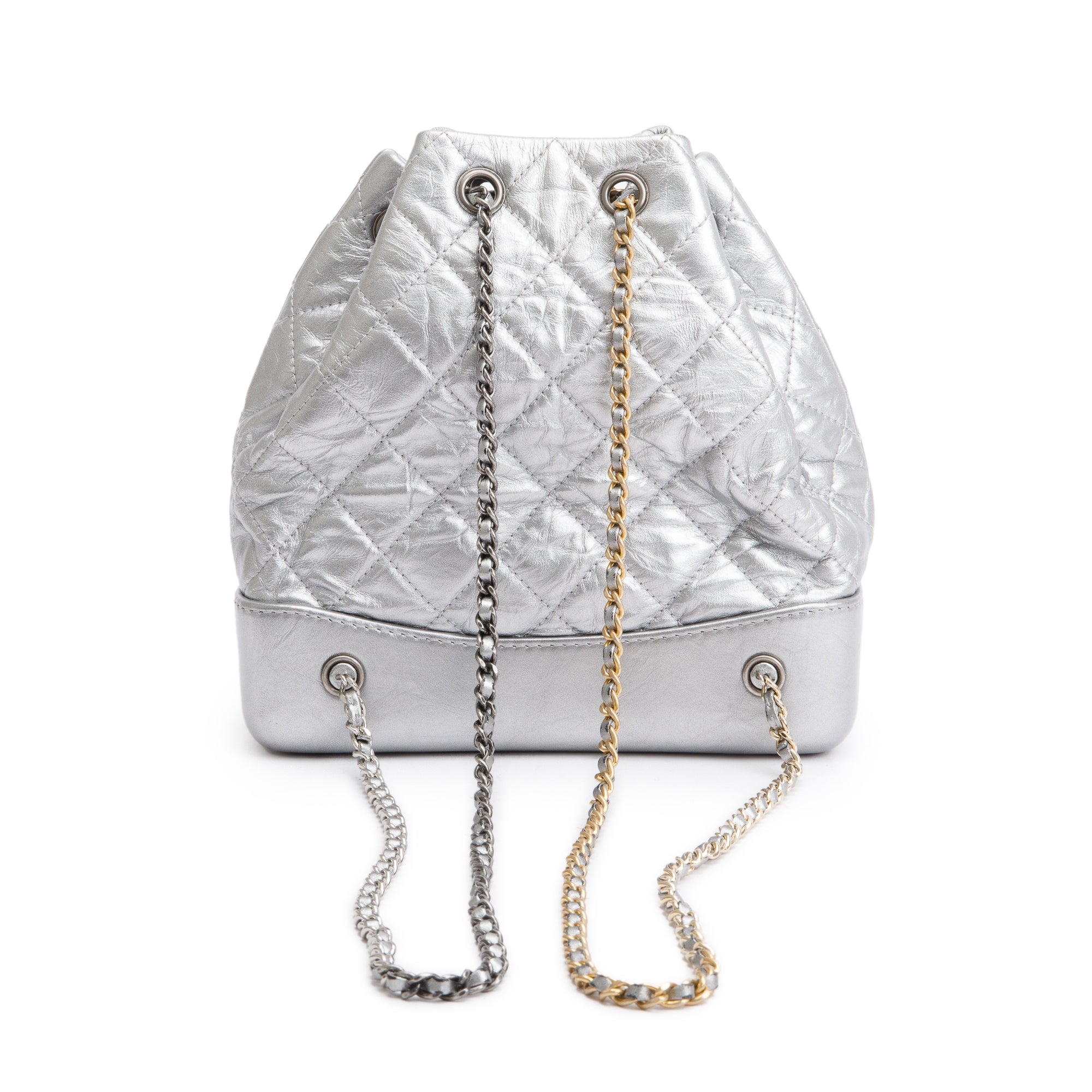 Chanel Metallic Silver Aged Calfskin Leather Small Gabrielle Backpack w/ Authenticity Card