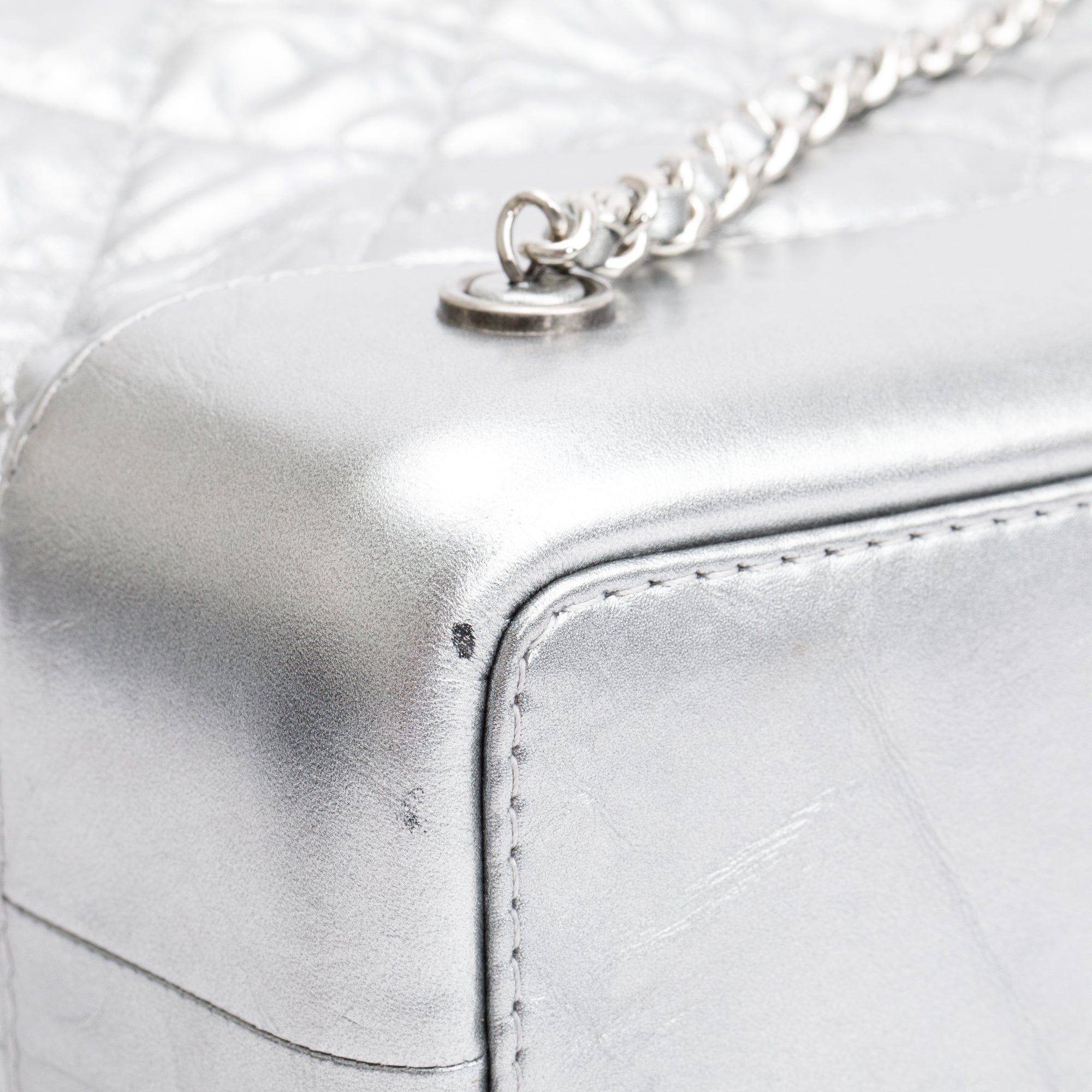 Chanel Metallic Silver Aged Calfskin Leather Small Gabrielle Backpack w/ Authenticity Card