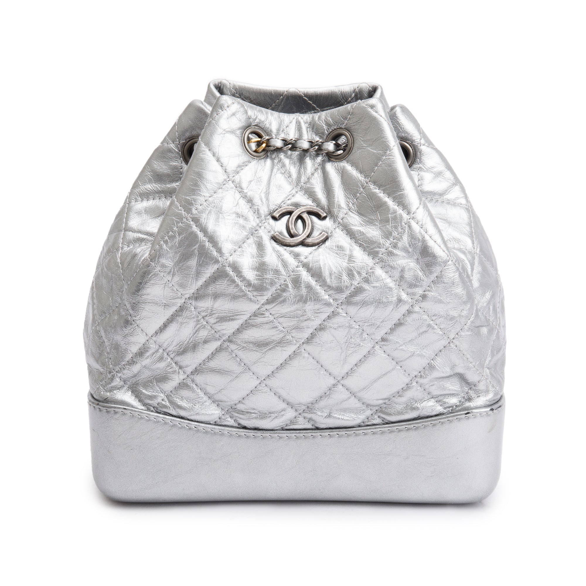 Chanel Metallic Silver Aged Calfskin Leather Small Gabrielle Backpack w/ Authenticity Card