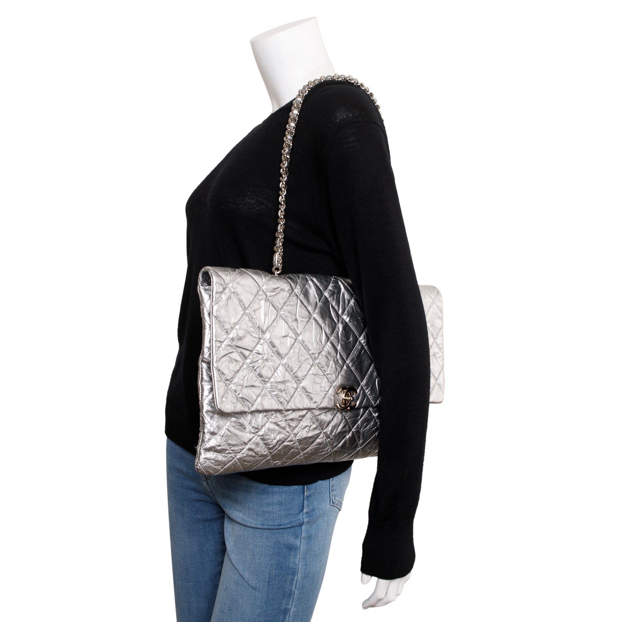 Chanel Metallic Silver Crumpled Calfskin Leather Big Bang Large Flap Bag w/ Authenticity Card