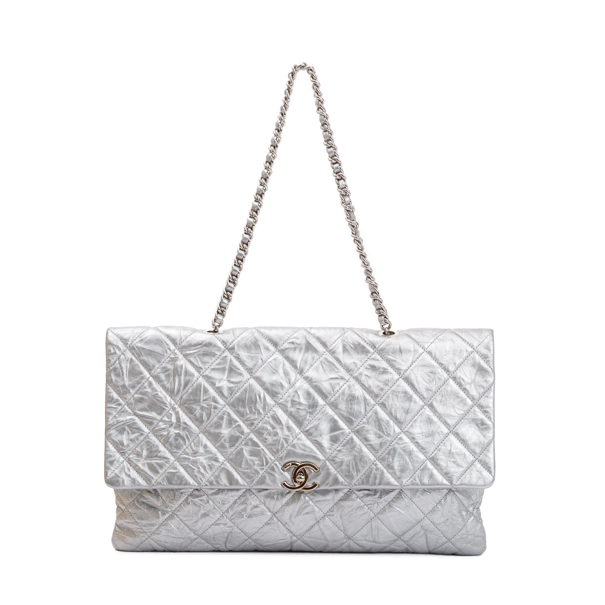 Chanel Metallic Silver Crumpled Calfskin Leather Big Bang Large Flap Bag w/ Authenticity Card