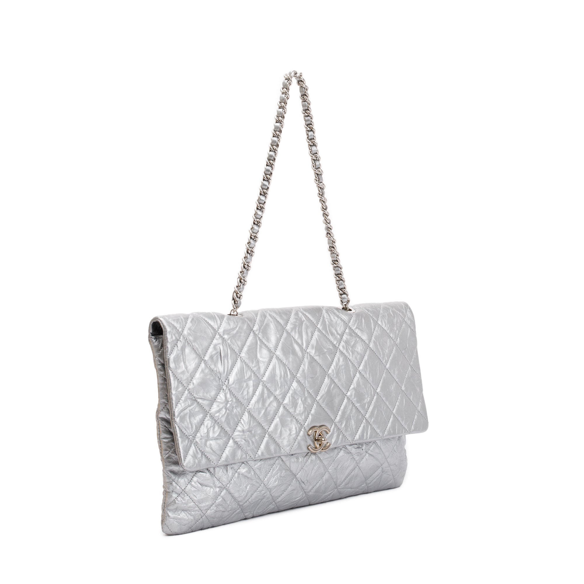 Chanel Metallic Silver Crumpled Calfskin Leather Big Bang Large Flap Bag w/ Authenticity Card