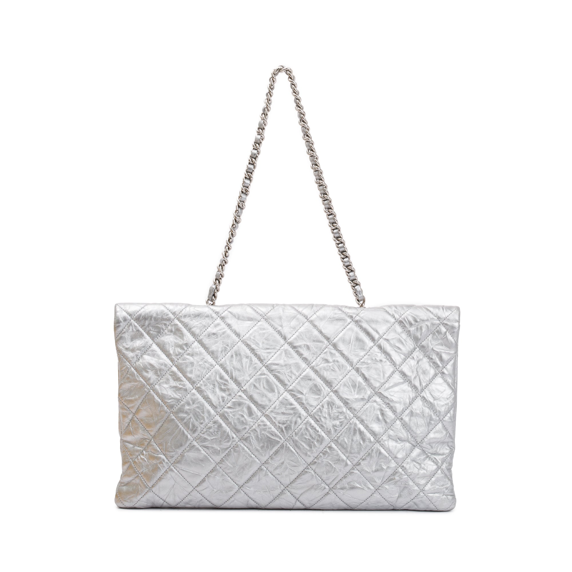Chanel Metallic Silver Crumpled Calfskin Leather Big Bang Large Flap Bag w/ Authenticity Card