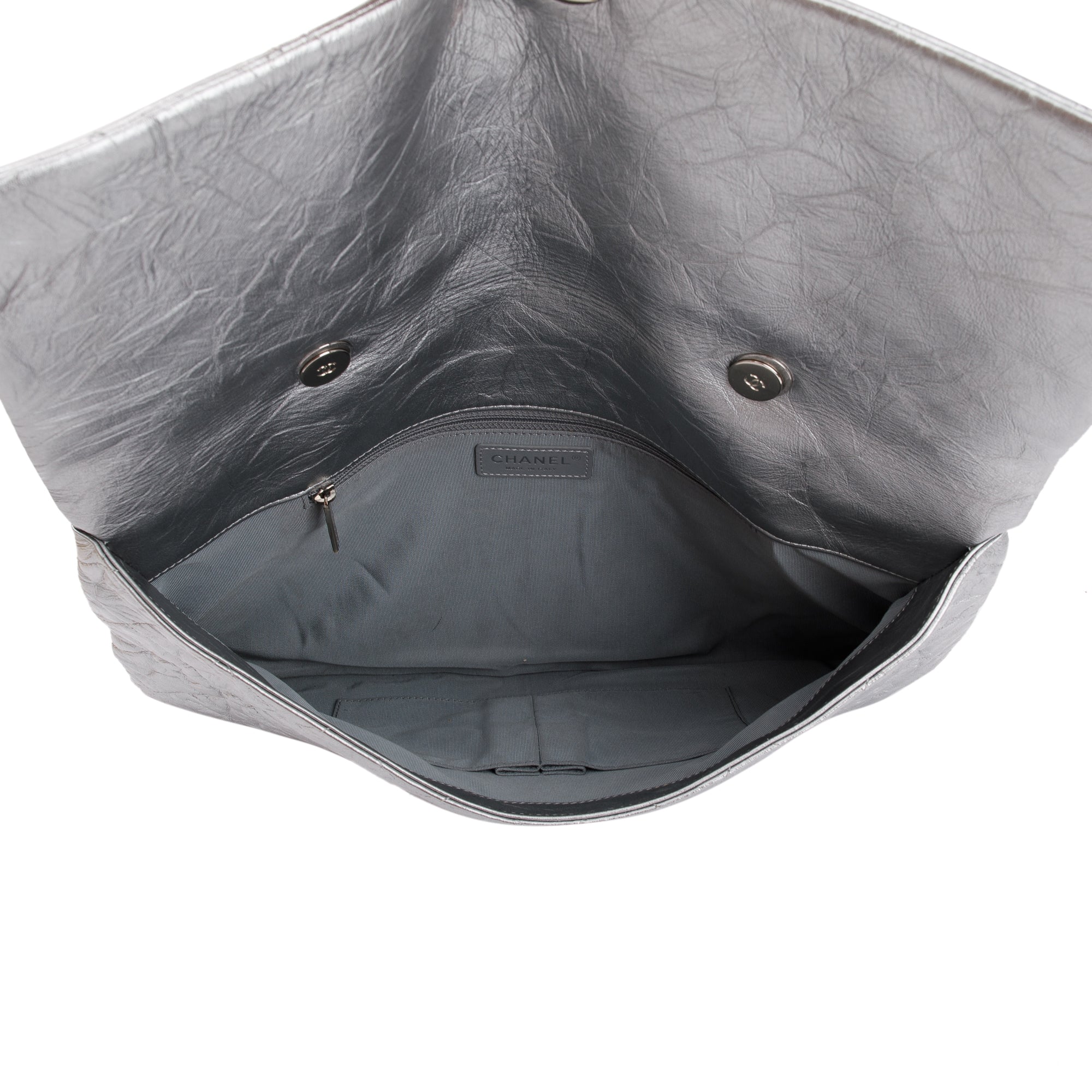 Chanel Metallic Silver Crumpled Calfskin Leather Big Bang Large Flap Bag w/ Authenticity Card