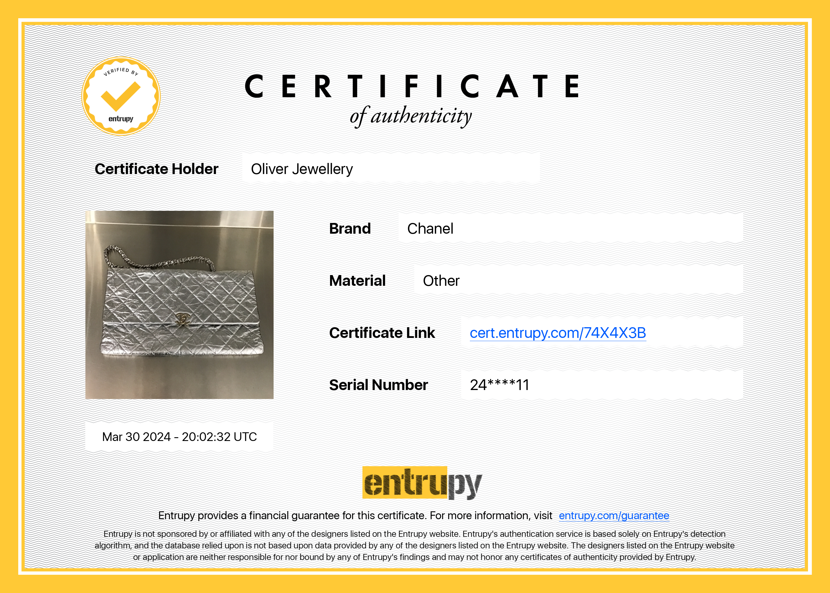 Chanel Metallic Silver Crumpled Calfskin Leather Big Bang Large Flap Bag w/ Authenticity Card