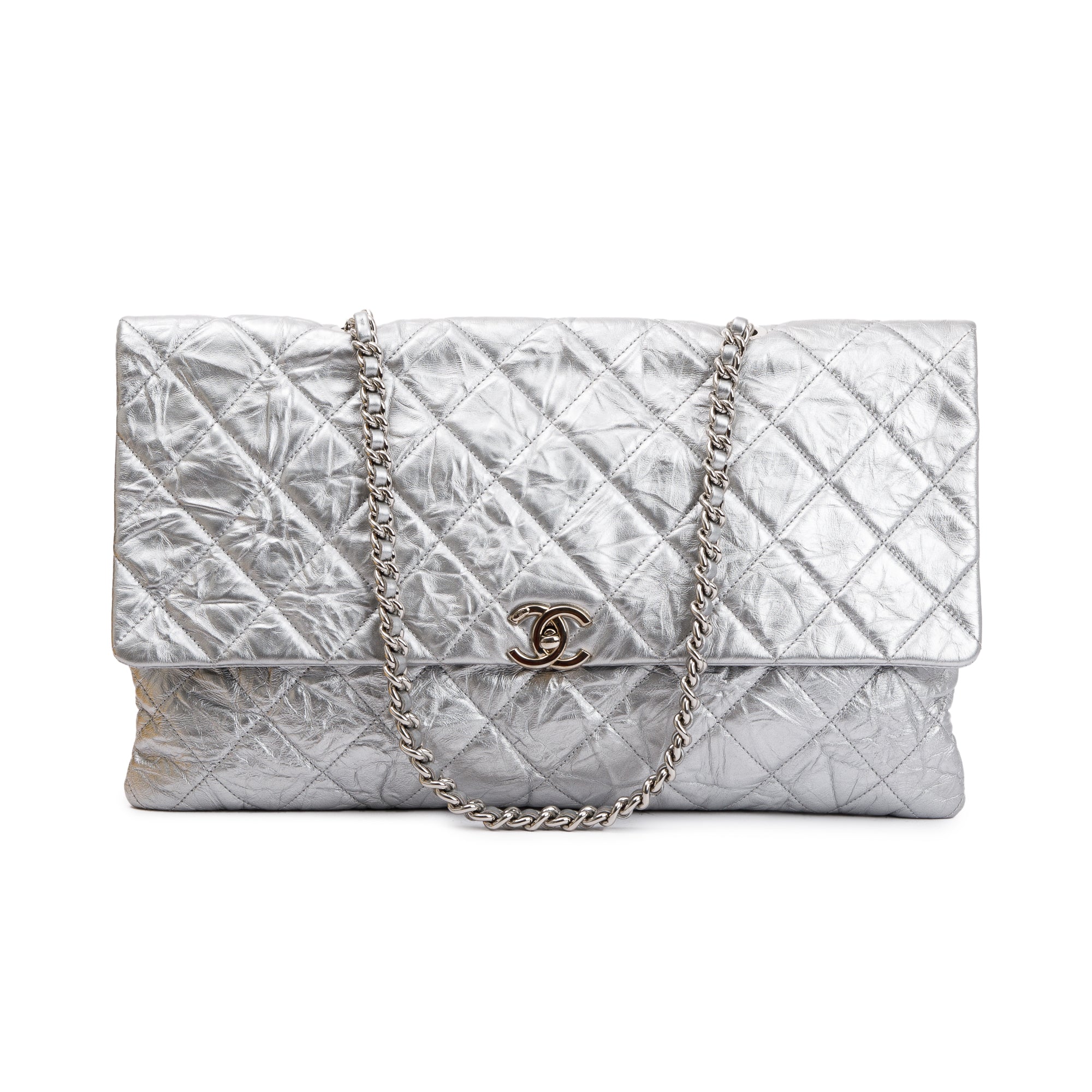 Chanel Metallic Silver Crumpled Calfskin Leather Big Bang Large Flap Bag w/ Authenticity Card