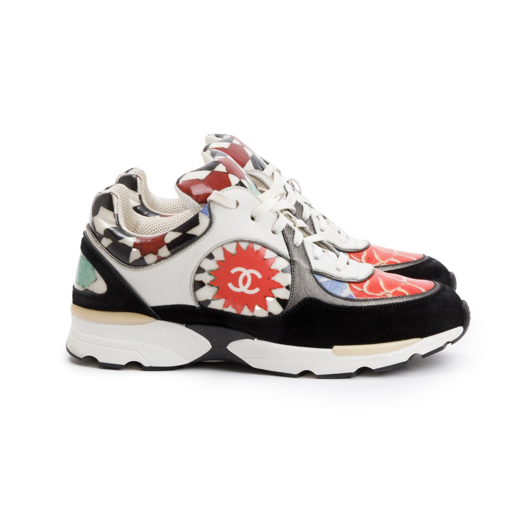 Chanel Multicolor Suede Patent Leather CC Logo Graffiti Flower Sneakers, Size 38