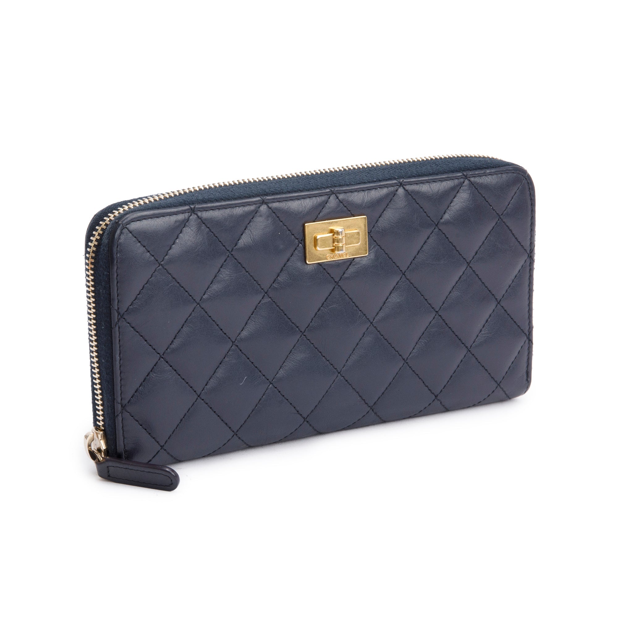 Chanel Navy Calfskin Leather Reissue Zip Around Wallet