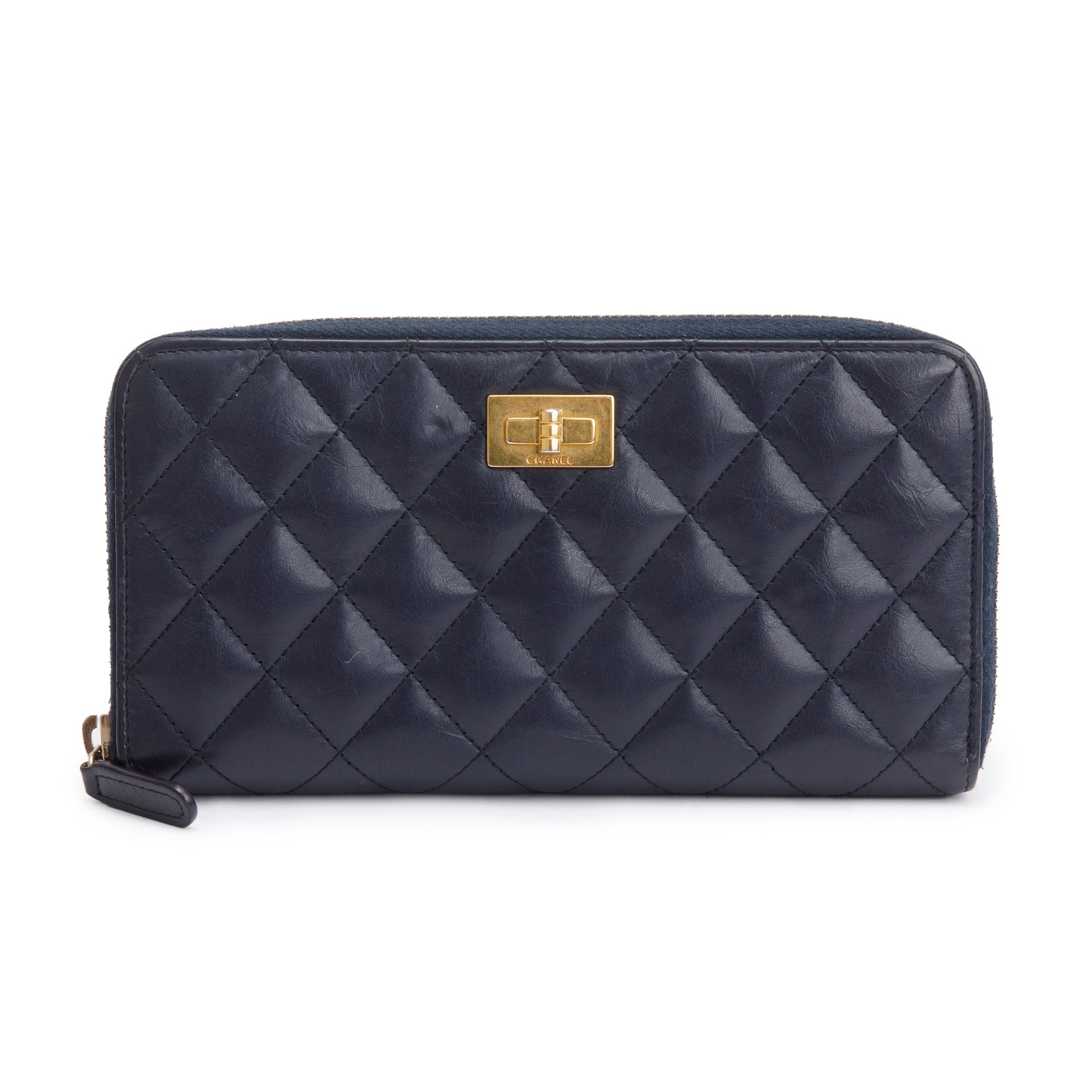 Chanel Navy Calfskin Leather Reissue Zip Around Wallet