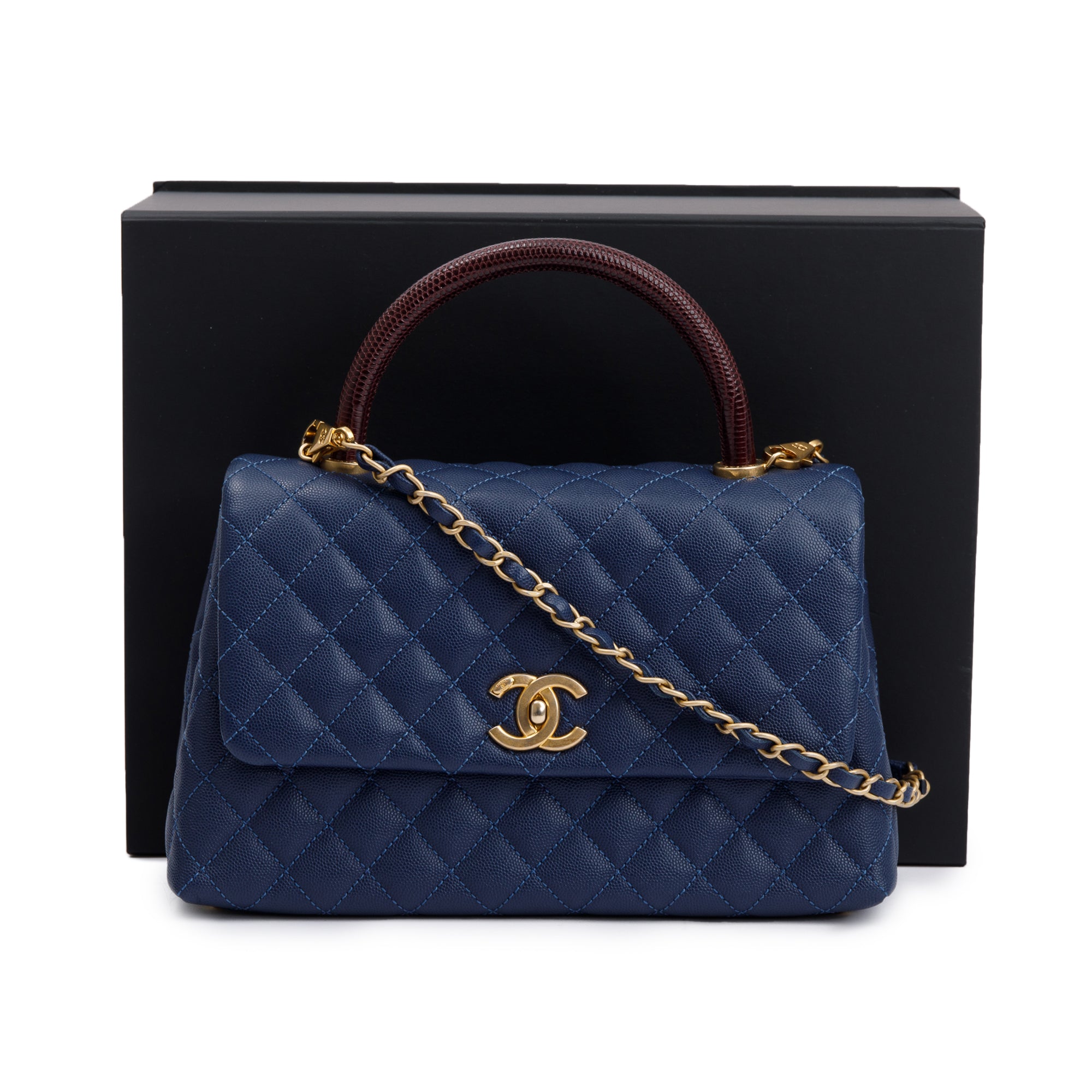 Chanel Navy Caviar Leather Lizard-Trimmed Small Coco Handle Bag w/ Box & Authenticity Card
